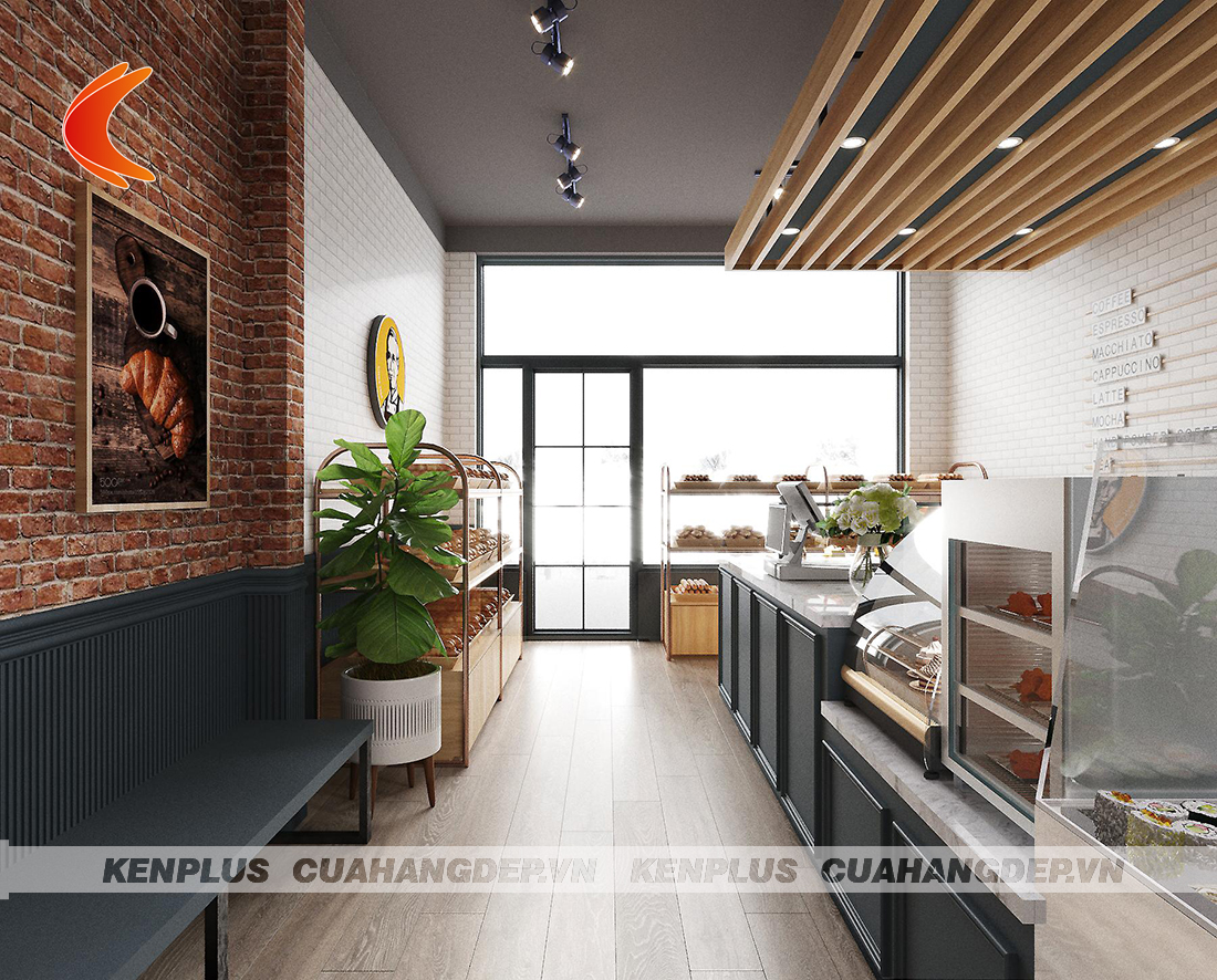 Trang trí tranh treo tường trong mẫu thiết kế cửa hàng bánh kết hợp đồ ăn nhanh