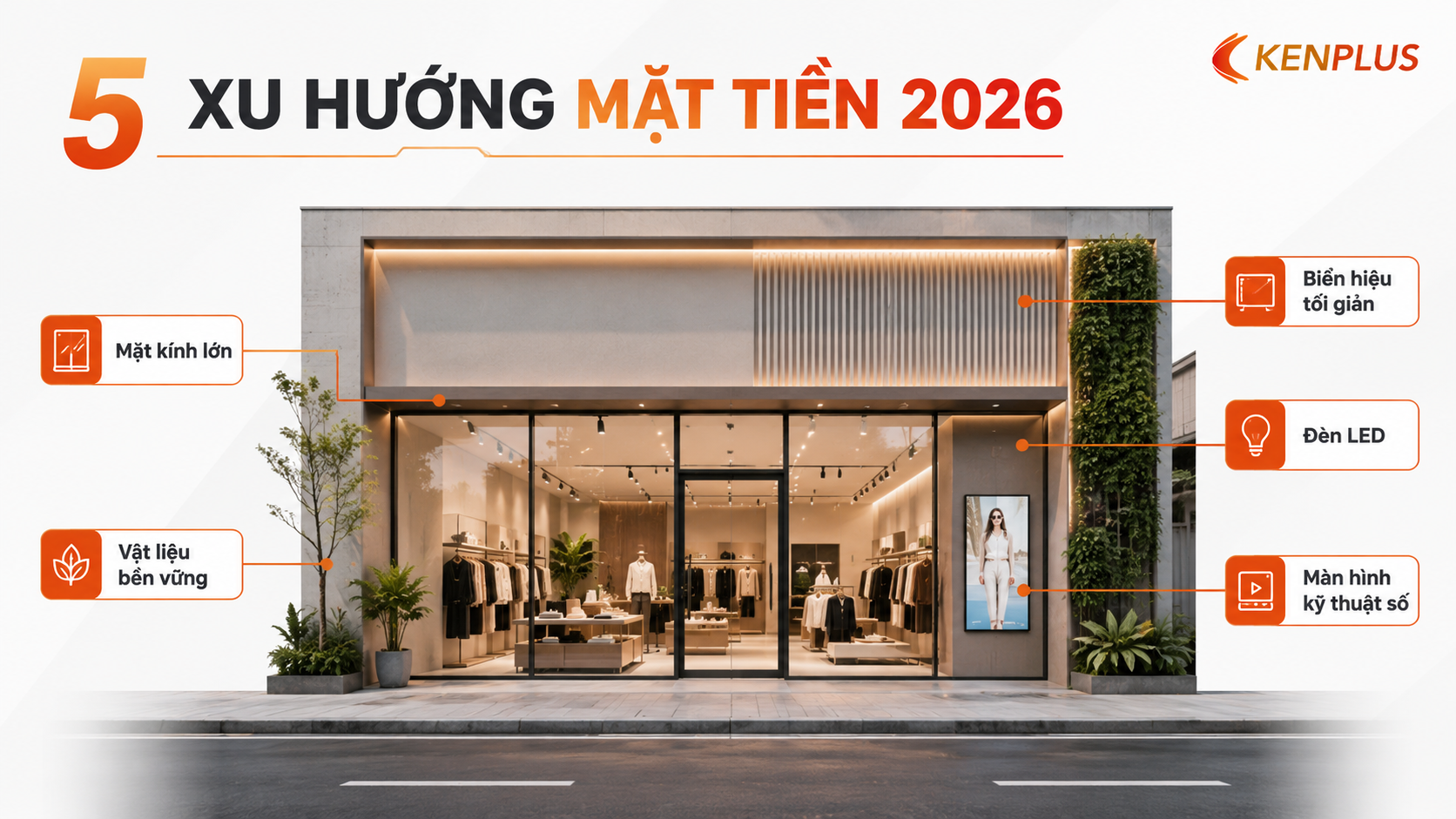 Mẫu mặt tiền cửa hàng hiện đại thu hút khách hàng cả ban ngày lẫn ban đêm nhờ thiết kế kính và hệ thống đèn LED.