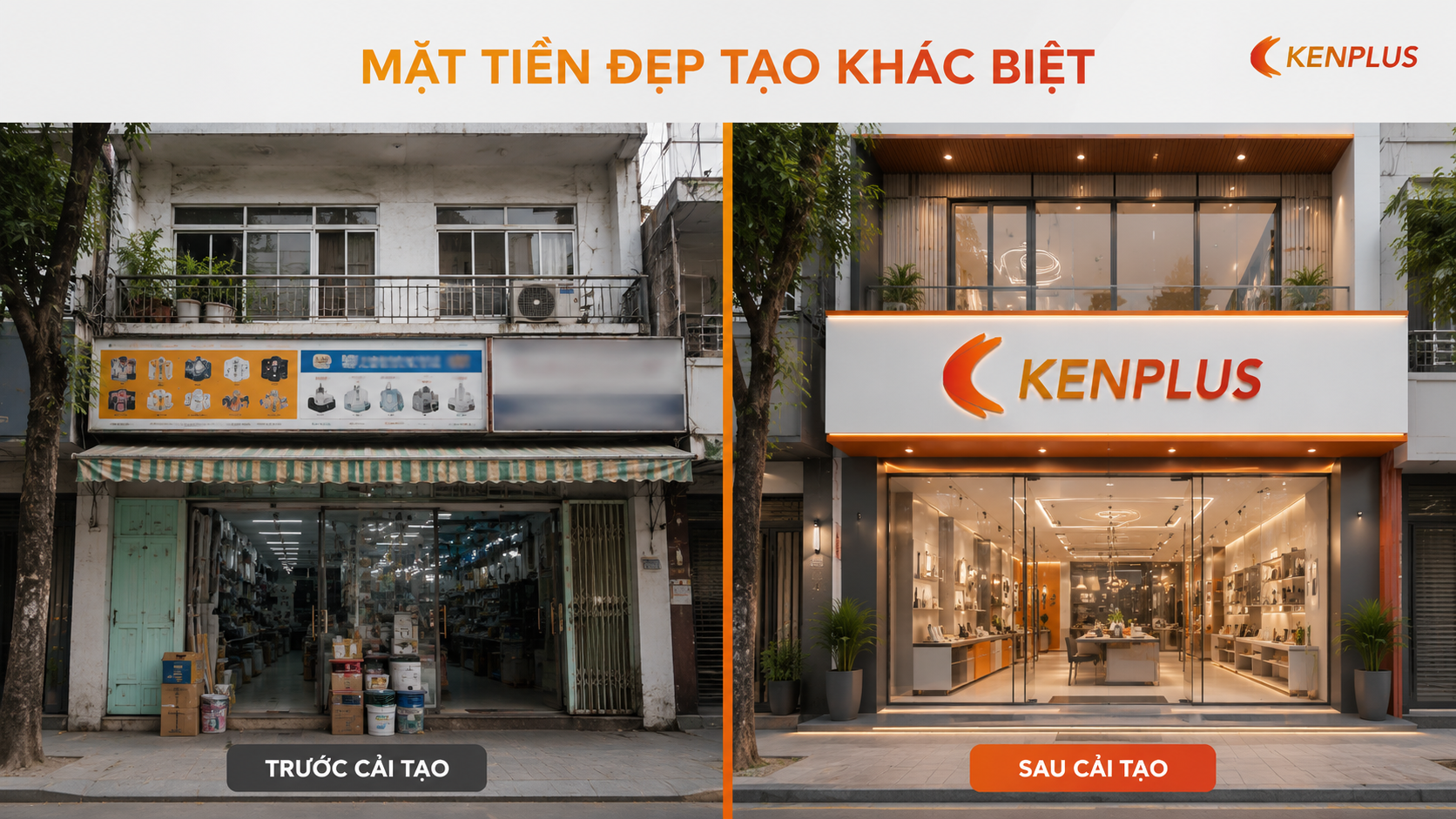 So sánh mặt tiền cửa hàng trước và sau cải tạo theo phong cách hiện đại, chuyên nghiệp của KenPlus.