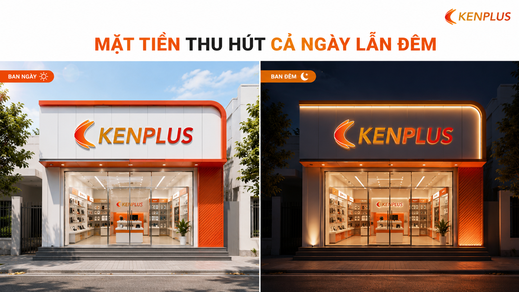 Mẫu mặt tiền cửa hàng hiện đại thu hút khách hàng cả ban ngày lẫn ban đêm nhờ thiết kế kính và hệ thống đèn LED.