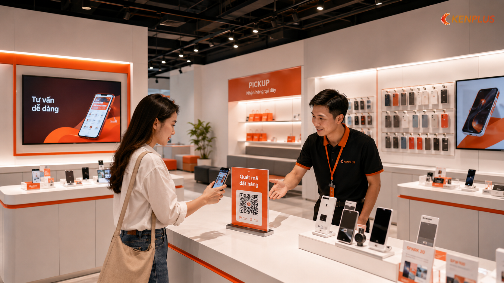Không gian bán lẻ hiện đại kết hợp trải nghiệm sản phẩm, QR order và thanh toán di động tiện lợi.
