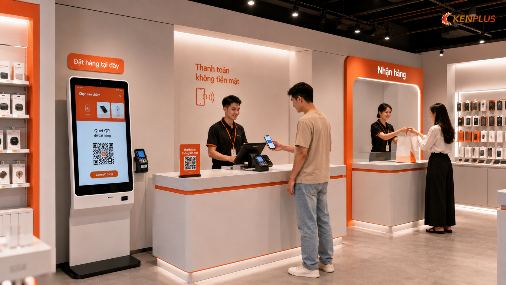Khu vực kiosk tự phục vụ tích hợp đặt hàng, thanh toán không tiền mặt và nhận hàng nhanh chóng.