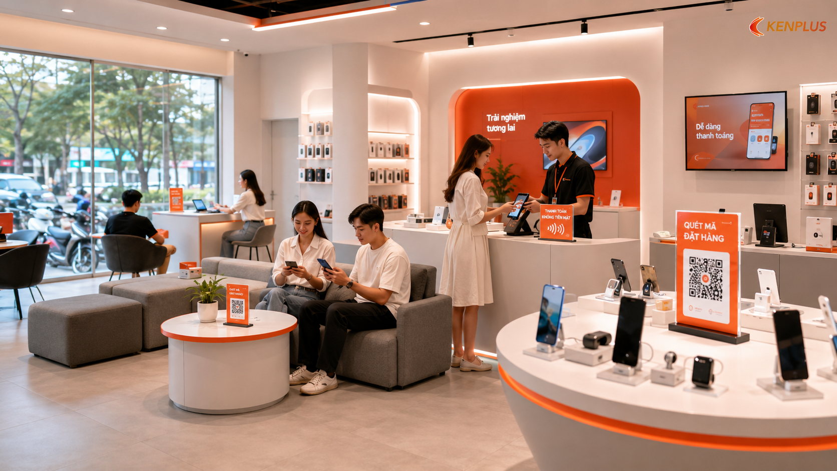 Không gian bán lẻ hiện đại kết hợp trải nghiệm sản phẩm, QR order và thanh toán di động tiện lợi.