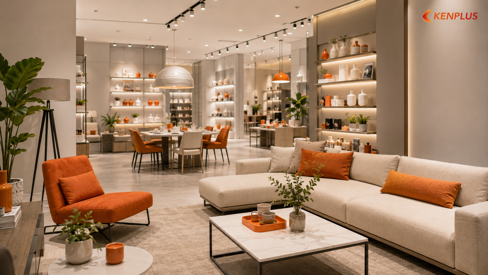 Không gian showroom kết hợp phòng khách hiện đại, giúp khách hàng trải nghiệm sản phẩm trong bối cảnh sống thực tế.