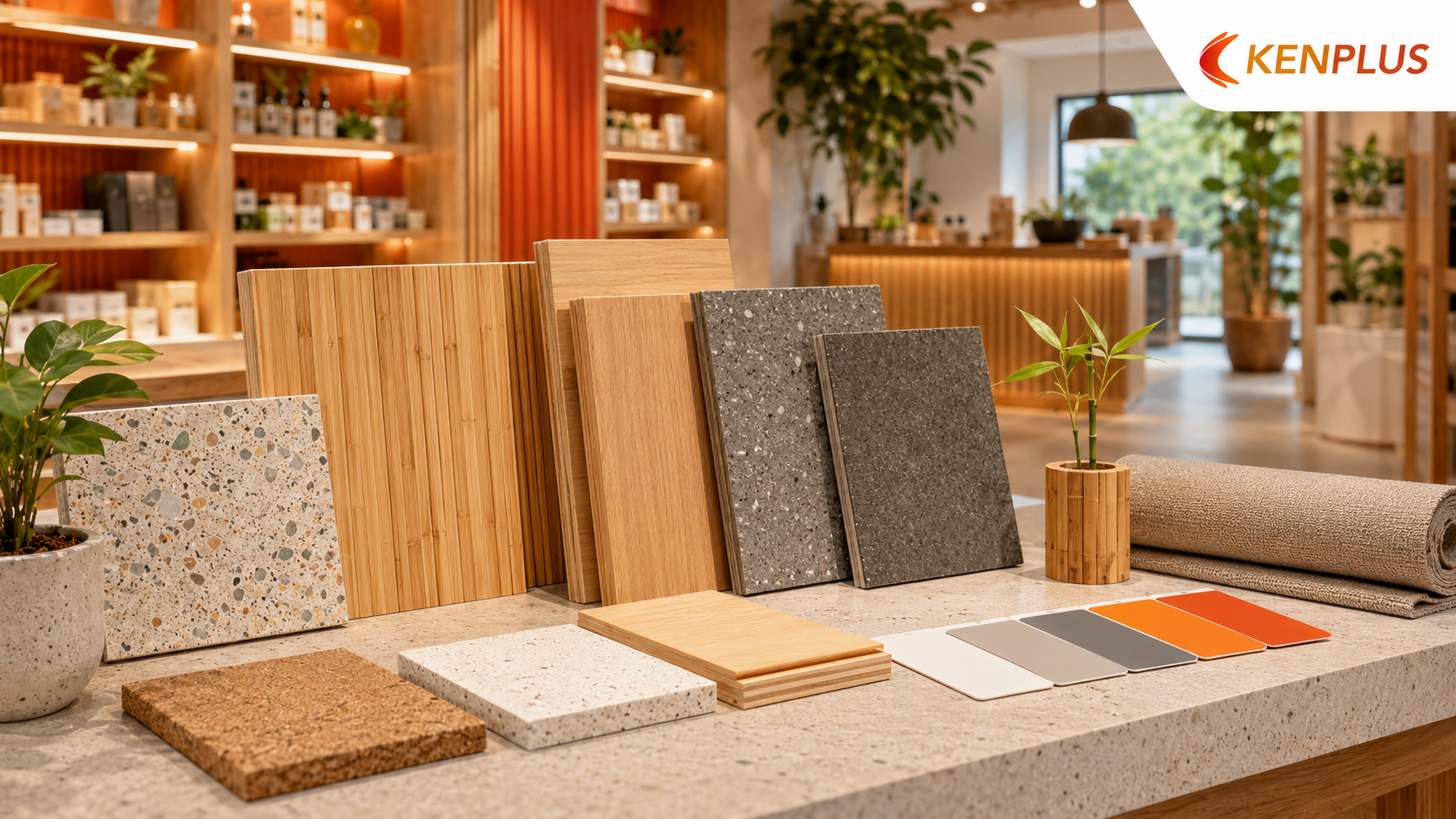 Bộ mẫu vật liệu bền vững gồm tre, gỗ tự nhiên, terrazzo tái chế, nút bần và các bề mặt hoàn thiện thân thiện môi trường.