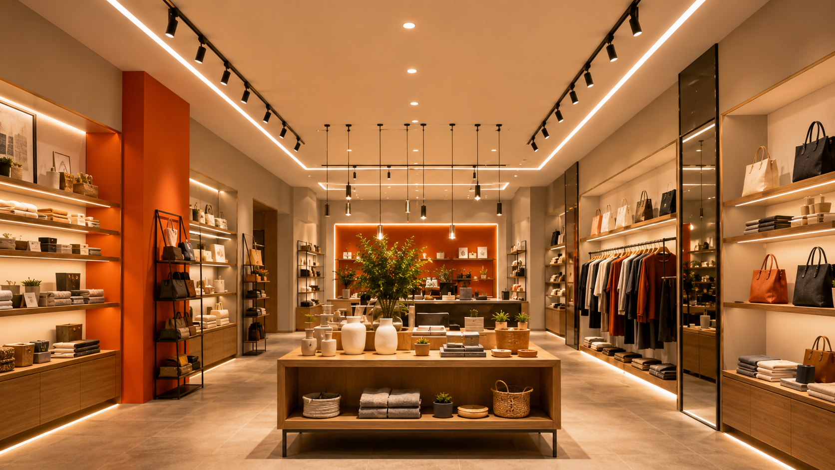 Khu vực quầy tư vấn và lounge trong cửa hàng được bố trí ánh sáng ấm, tạo cảm giác sang trọng, dễ chịu và chuyên nghiệp.