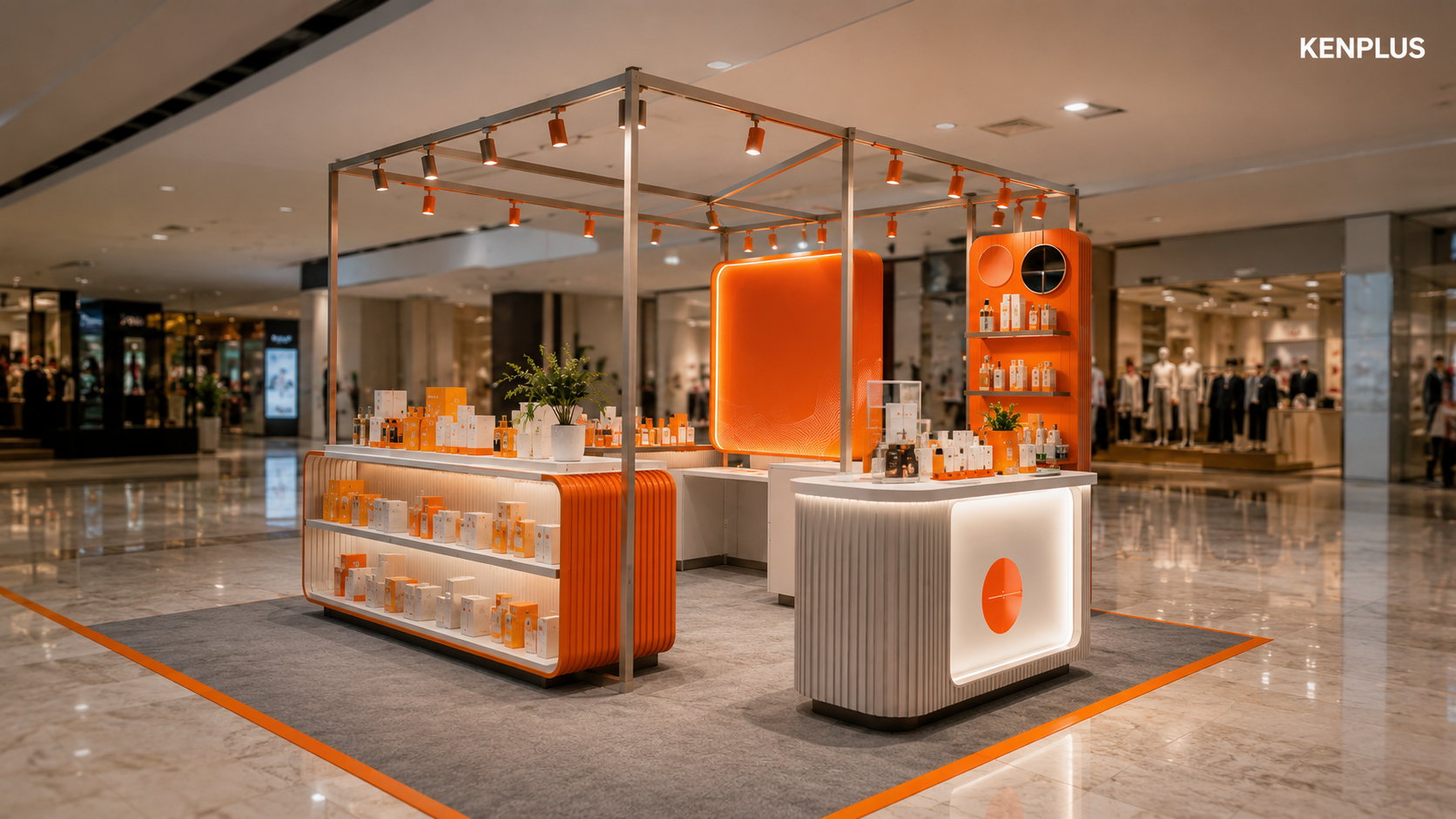 Thiết kế cửa hàng pop-up hiện đại với kết cấu mô-đun, chi phí hợp lý và dễ dàng lắp đặt trong trung tâm thương mại.