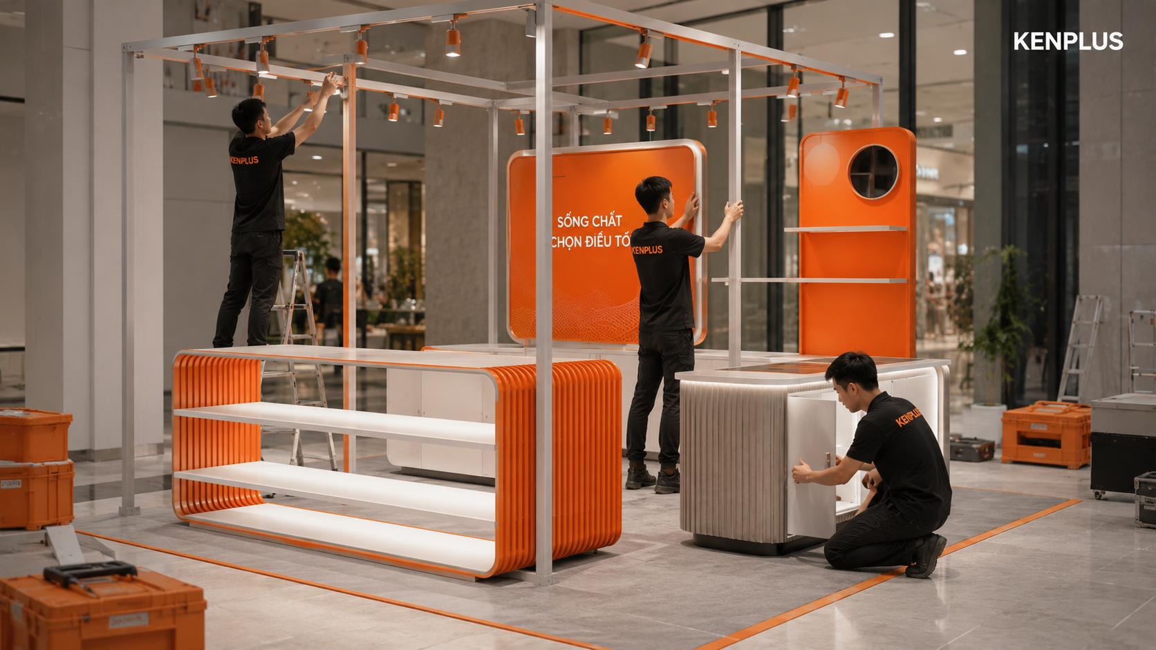 Đội ngũ kỹ thuật thi công và lắp ráp cửa hàng pop-up nhanh chóng bằng khung sắt, quầy kệ mô-đun và vật liệu thực tế.