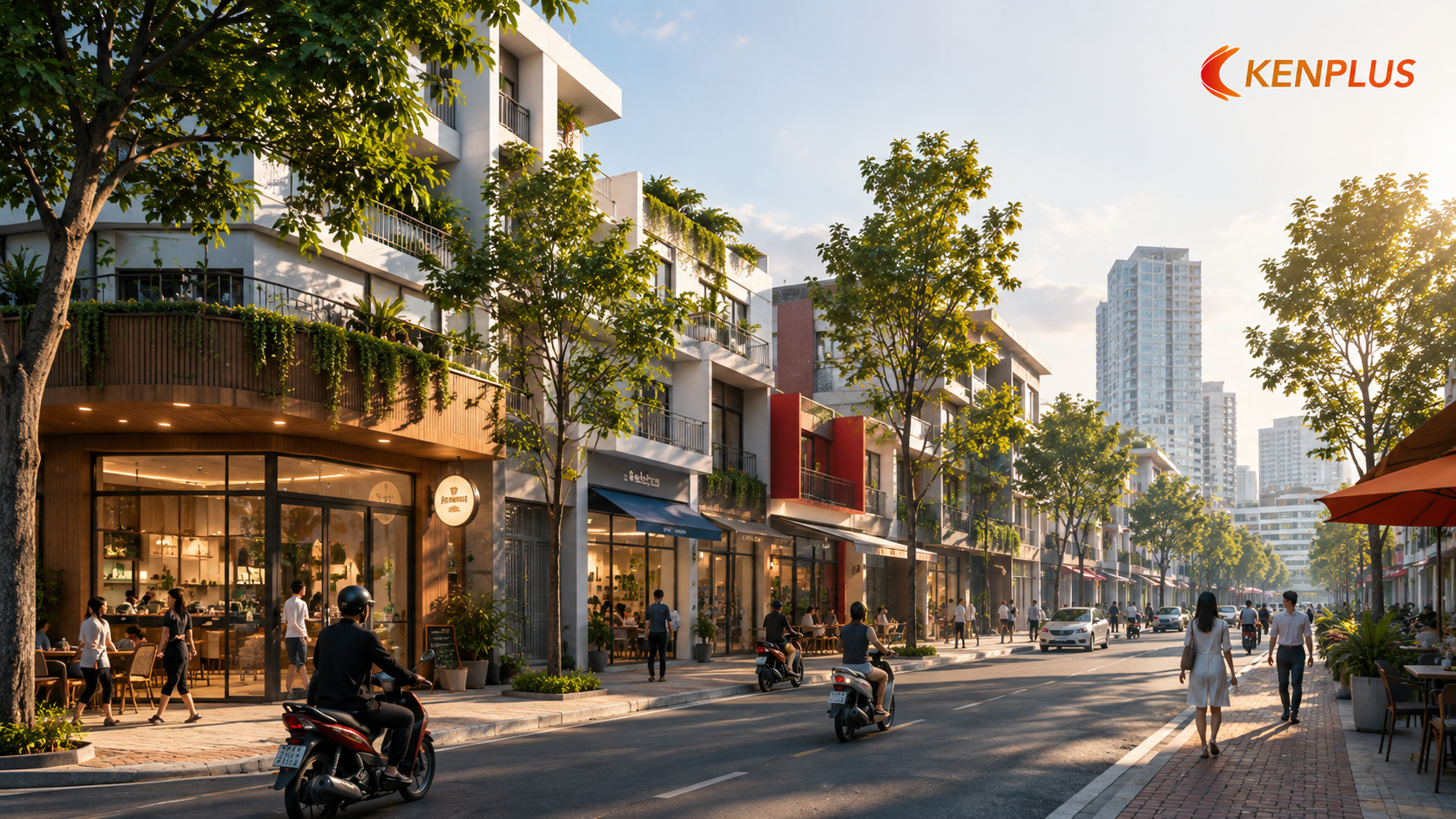 Khu phố thương mại mới tại Hà Nội với shophouse, cửa hàng, quán cà phê và mật độ dân cư ngày càng tăng.