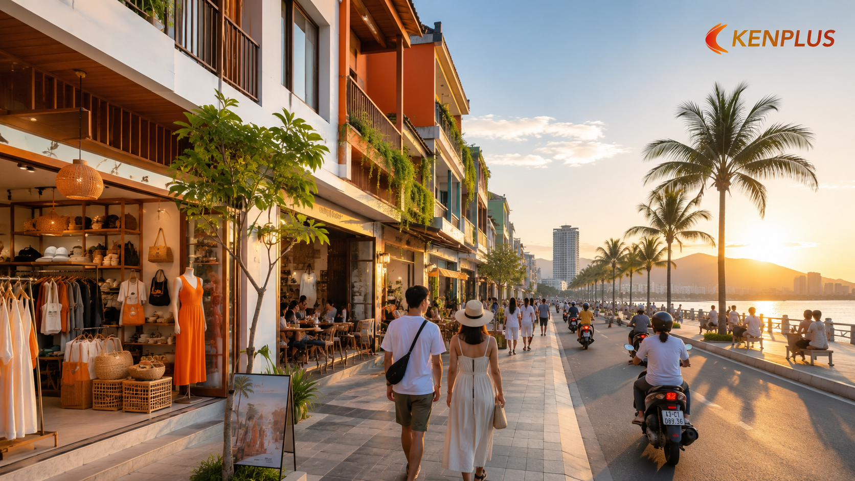 Khu mua sắm ven biển Đà Nẵng vào hoàng hôn với boutique, quán ăn, du khách và giao thông sôi động.