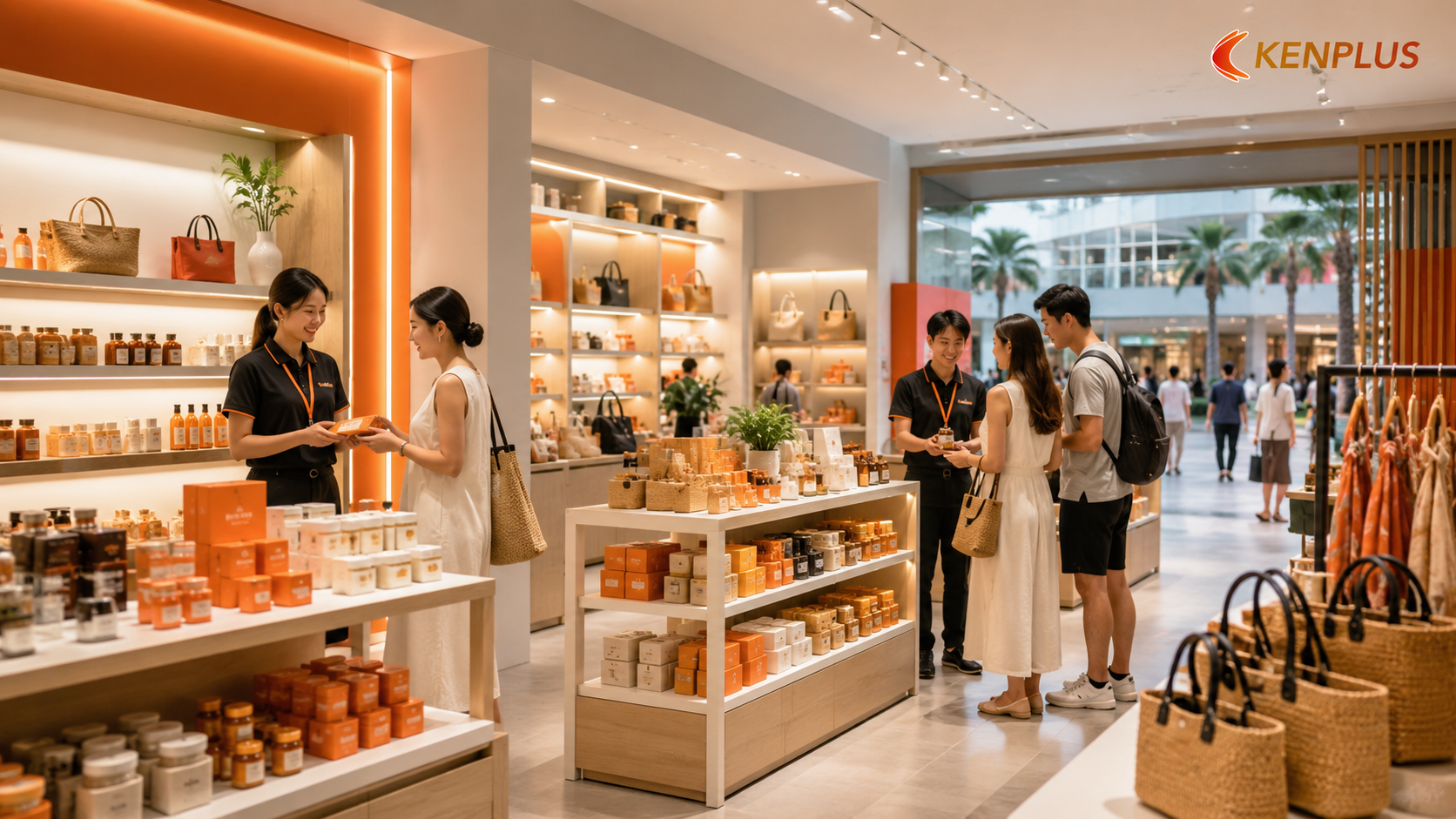 Cửa hàng bán lẻ trong khu thương mại Đà Nẵng, nơi nhân viên tư vấn sản phẩm cho khách du lịch.