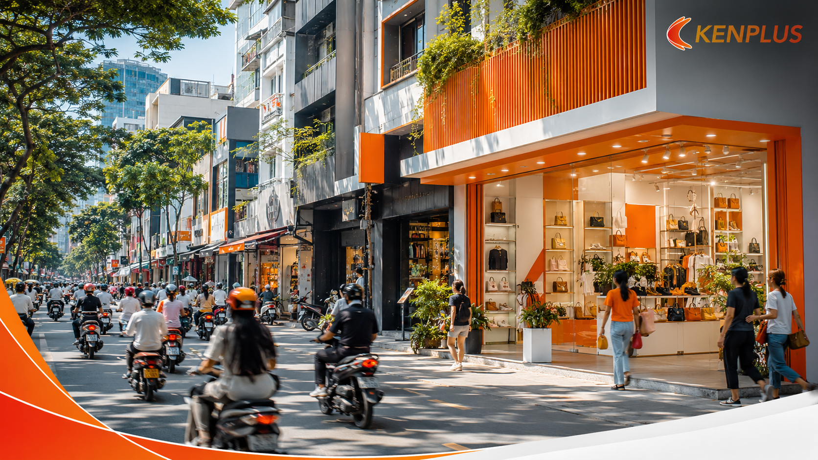 Cửa hàng bán lẻ nổi bật giữa tuyến phố sầm uất tại TPHCM nhờ mặt tiền hiện đại và màu nhận diện ấn tượng.