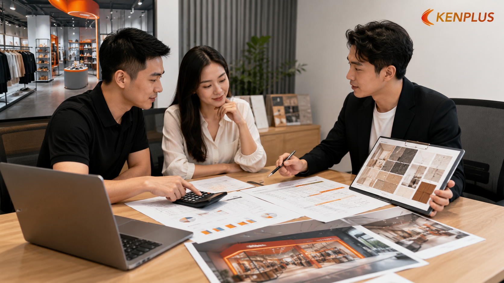 Buổi tư vấn phân bổ chi phí giữa tiền thuê mặt bằng, thiết kế, thi công và trang thiết bị cho cửa hàng bán lẻ.