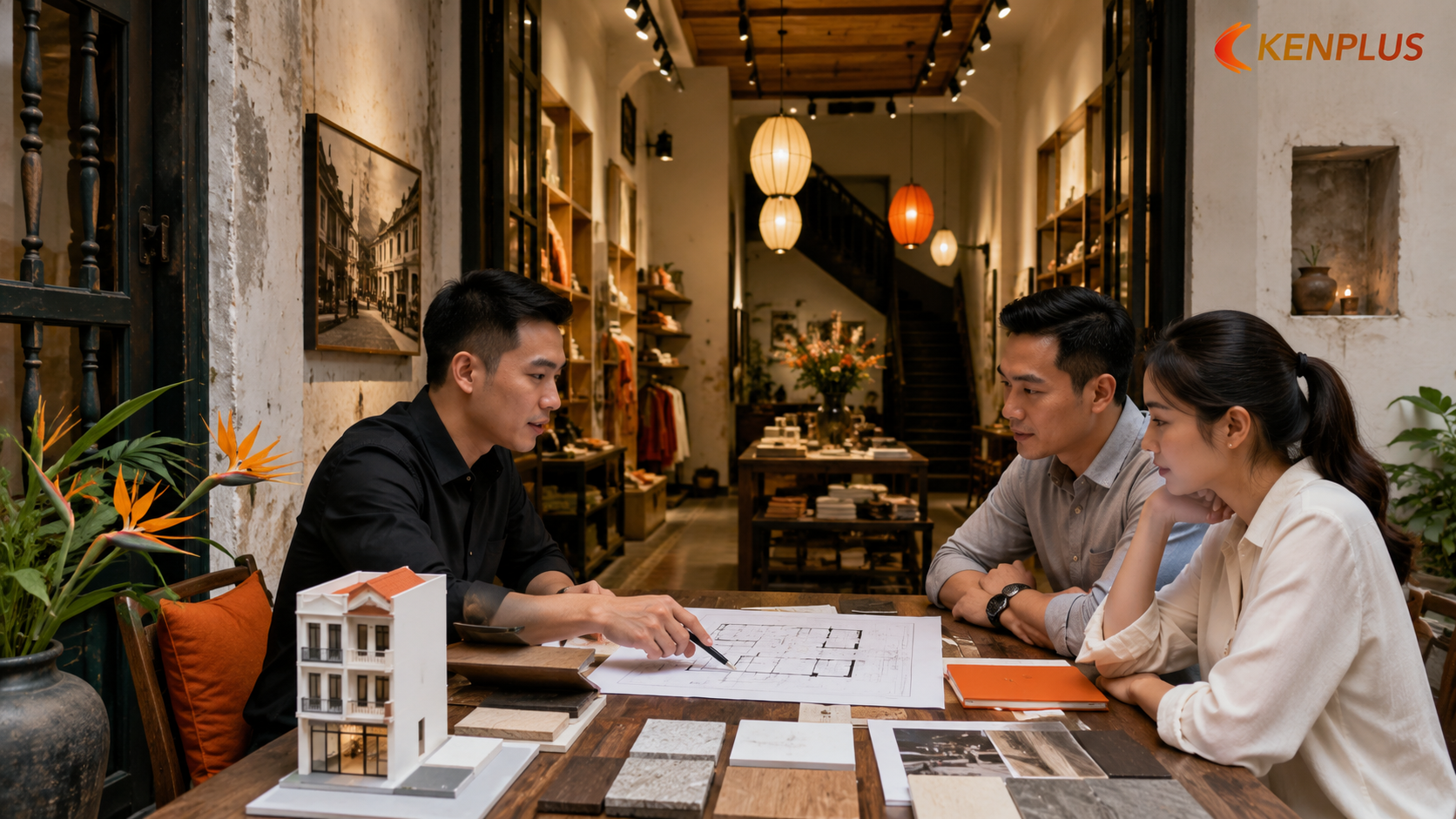 Buổi tư vấn phương án thiết kế cửa hàng phố cổ với bản vẽ mặt bằng, mẫu vật liệu và mô hình nhà phố thu nhỏ.