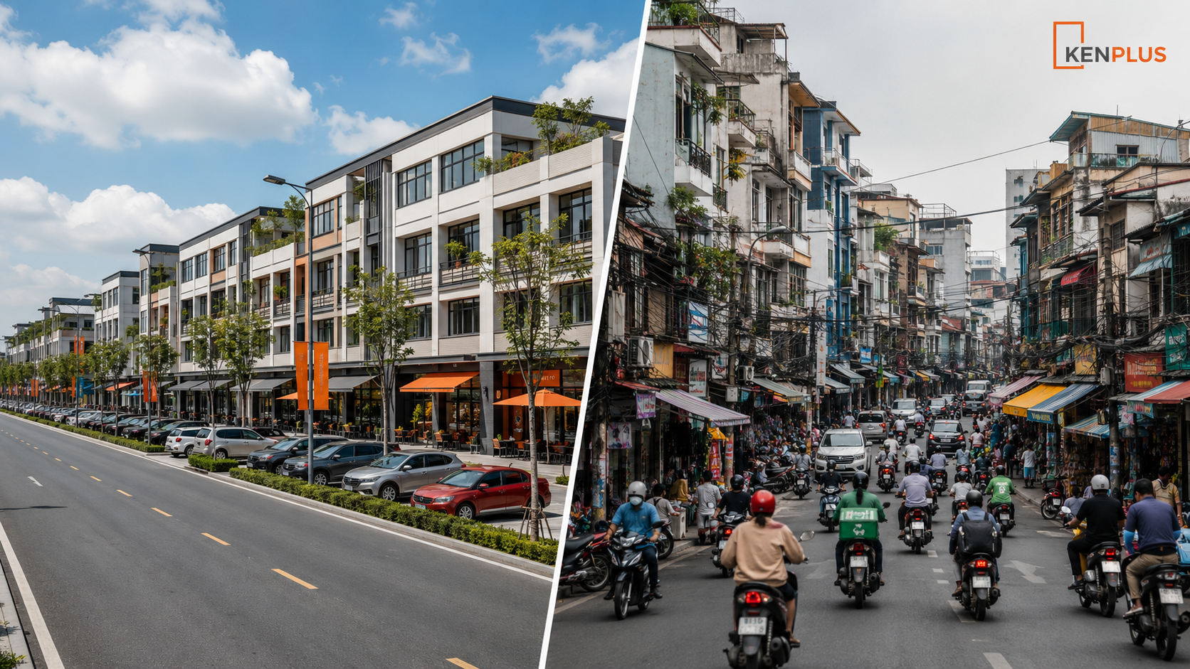 Hình ảnh so sánh khu đô thị mới với mặt phố truyền thống qua không gian, mật độ giao thông và kiểu quy hoạch cửa hàng.