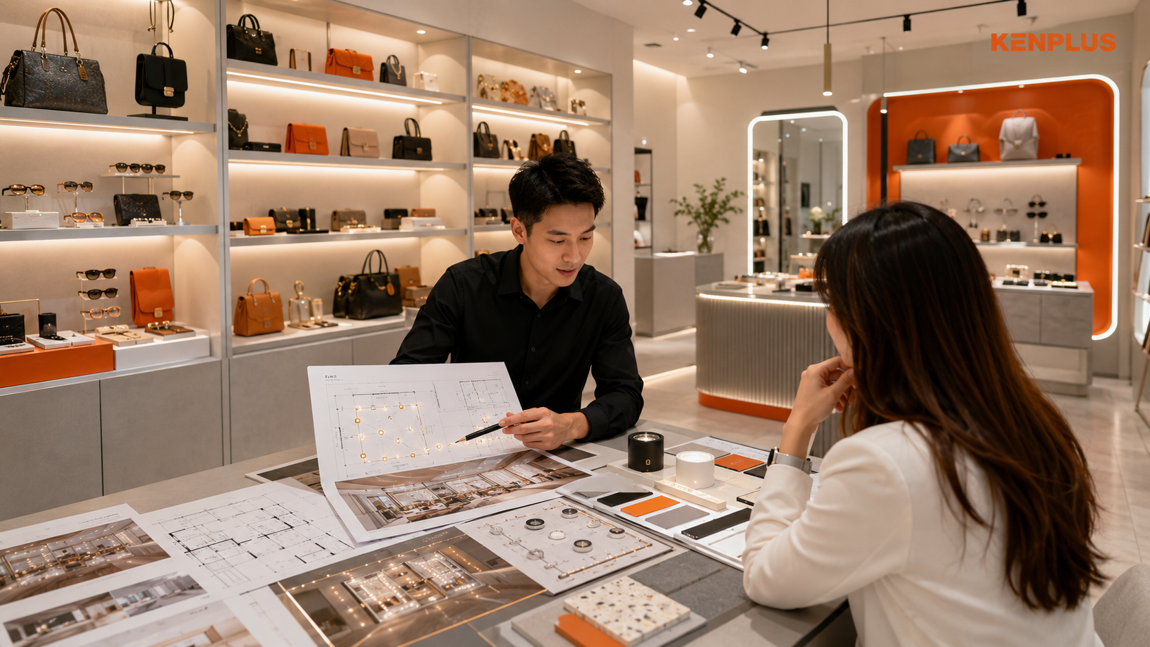 Chuyên viên thiết kế tư vấn sơ đồ chiếu sáng, vị trí đèn rọi và vật liệu phù hợp cho cửa hàng phụ kiện thời trang.