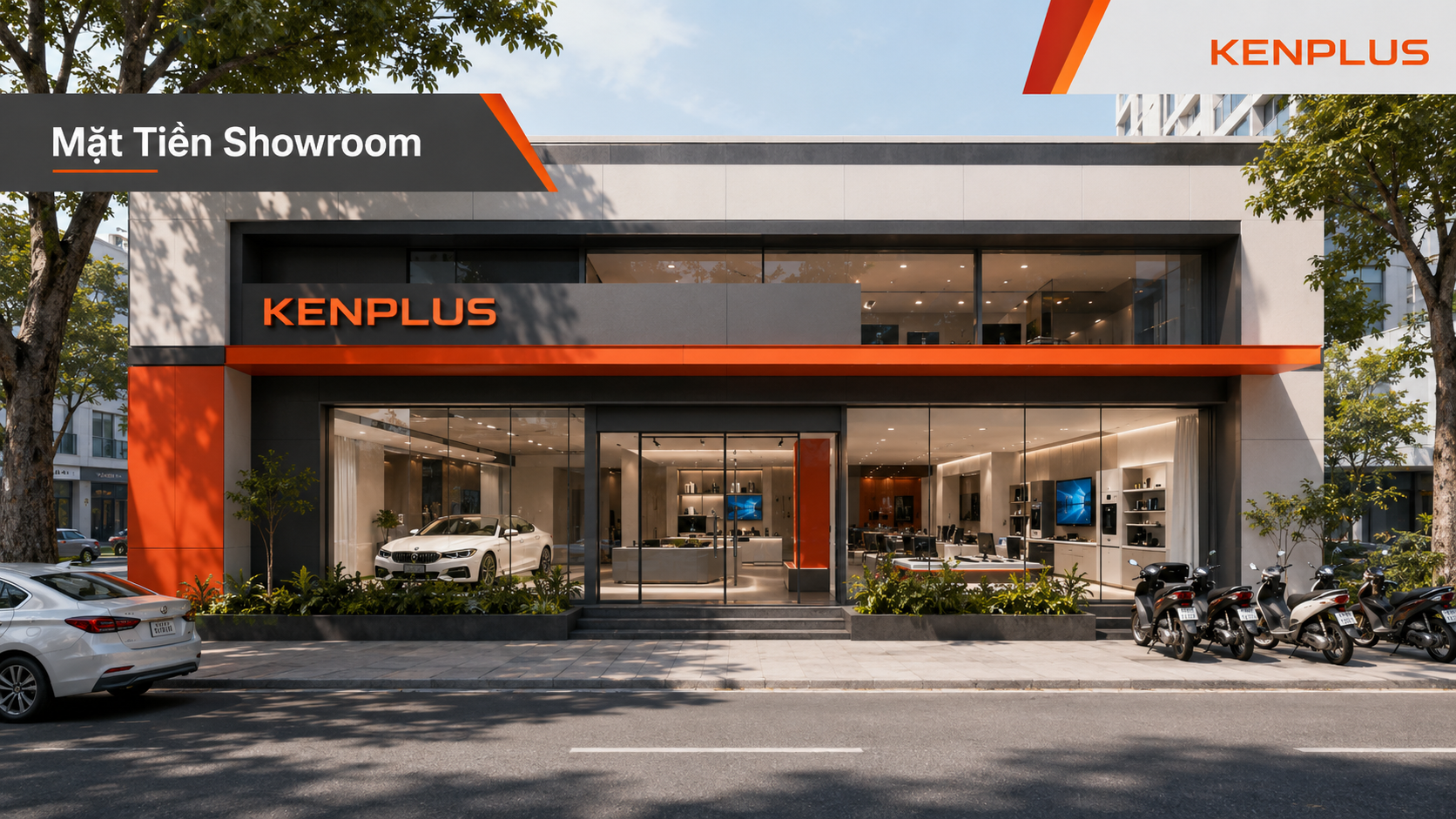Mặt tiền showroom hiện đại tại TPHCM với kính lớn, màu cam KenPlus và lối vào rộng rãi