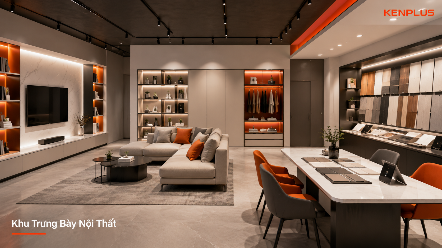 Khu trưng bày nội thất hiện đại với sofa, tủ kệ, vật liệu mẫu và bàn tư vấn khách hàng