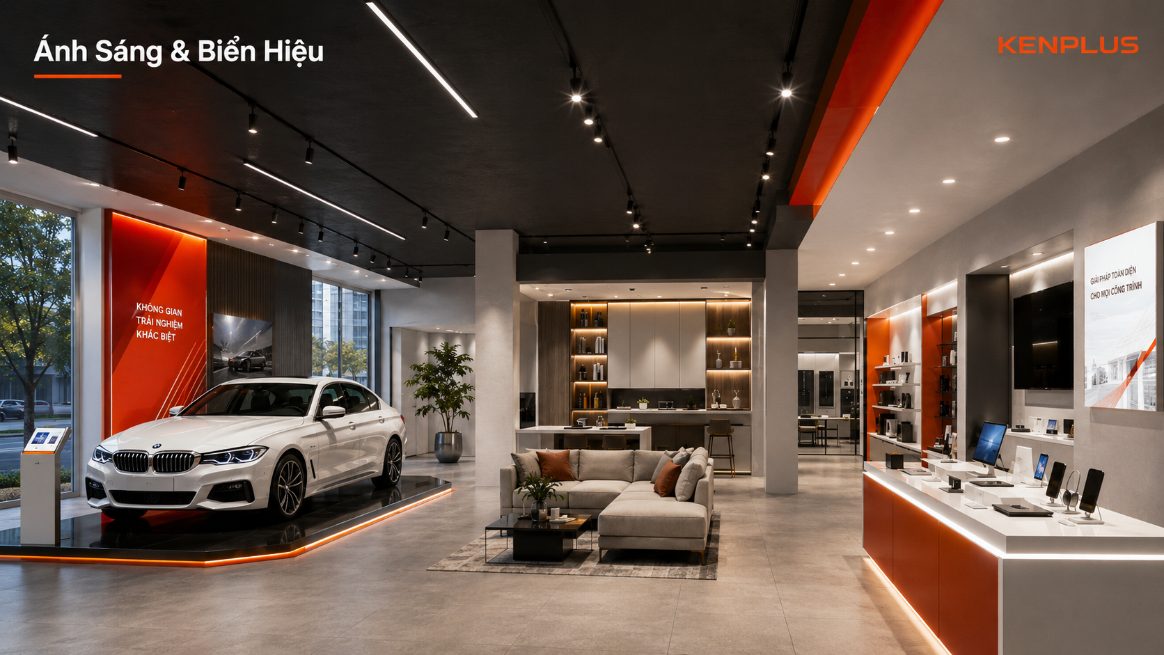 Thiết kế ánh sáng và biển hiệu showroom nổi bật với đèn ray, đèn LED và nhận diện KenPlus
