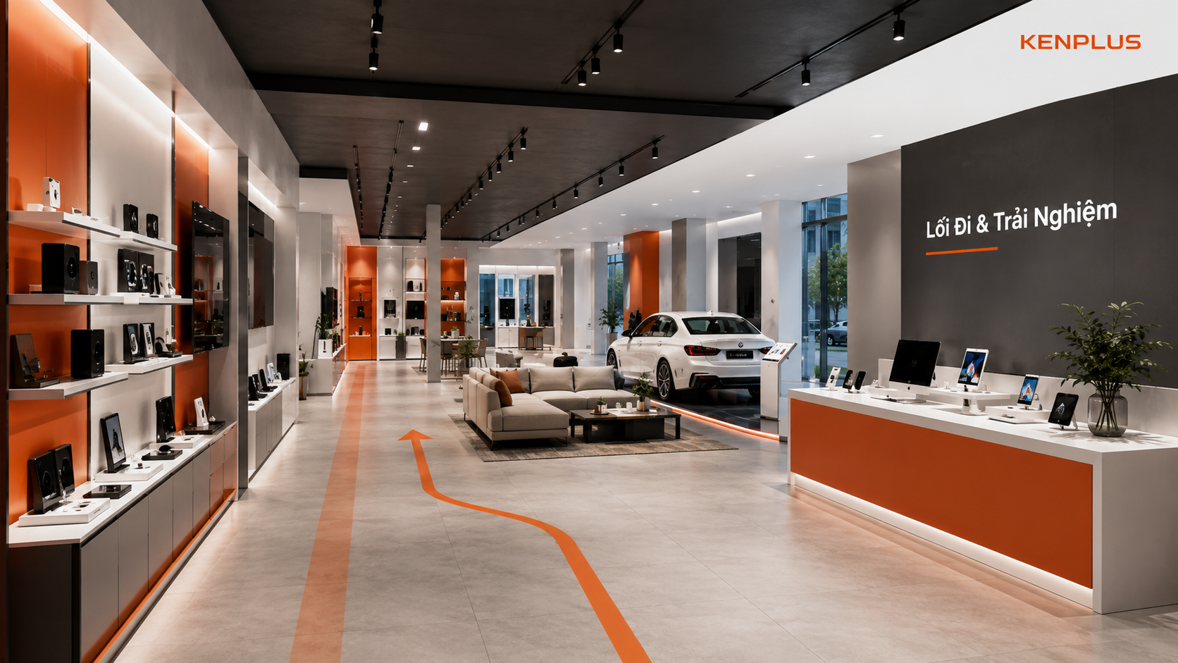 Bố trí lối đi showroom khoa học giúp khách hàng dễ tham quan và trải nghiệm sản phẩm