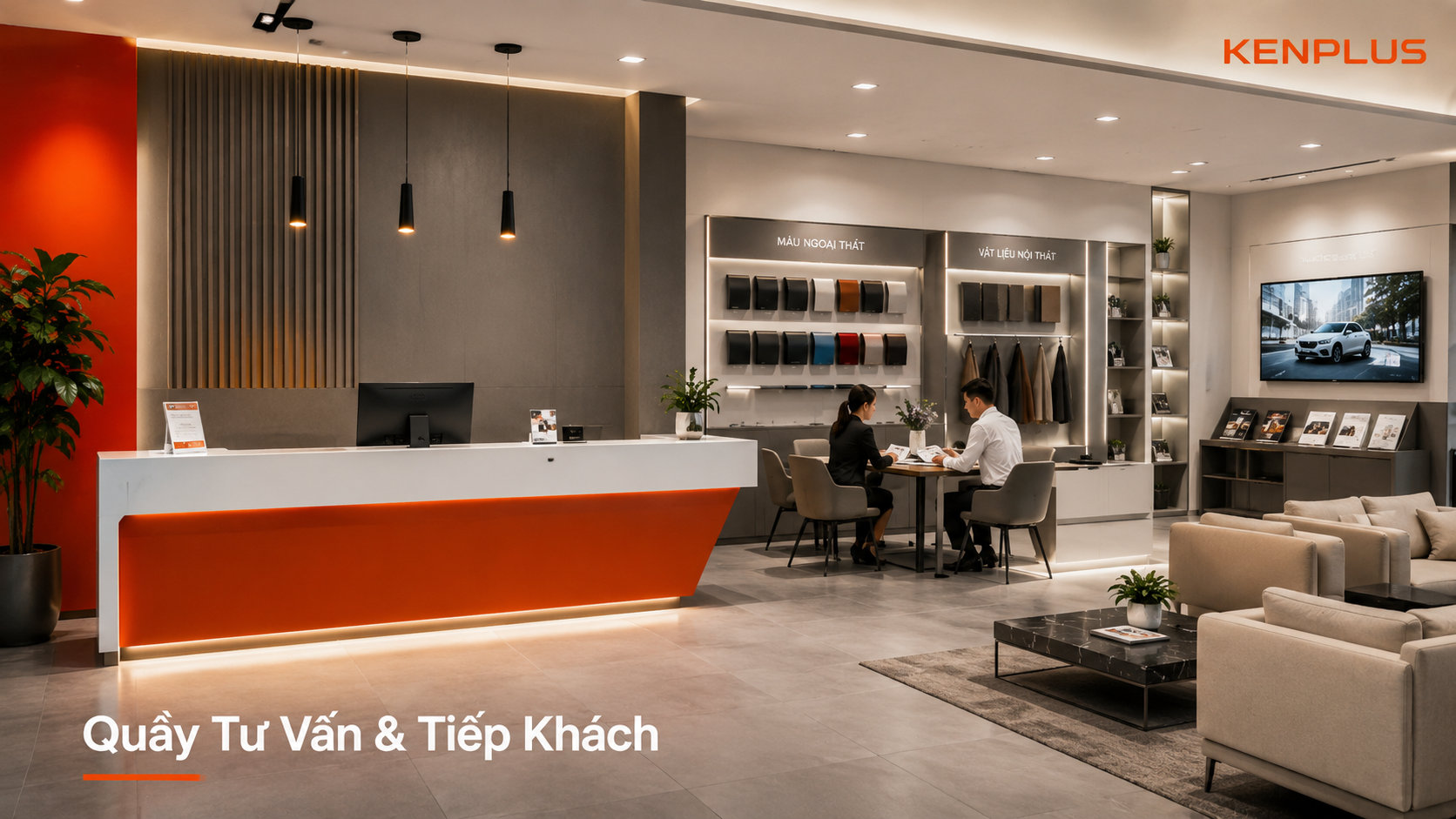 Quầy tư vấn và tiếp khách showroom hiện đại với khu chờ, bàn trao đổi và vật liệu mẫu