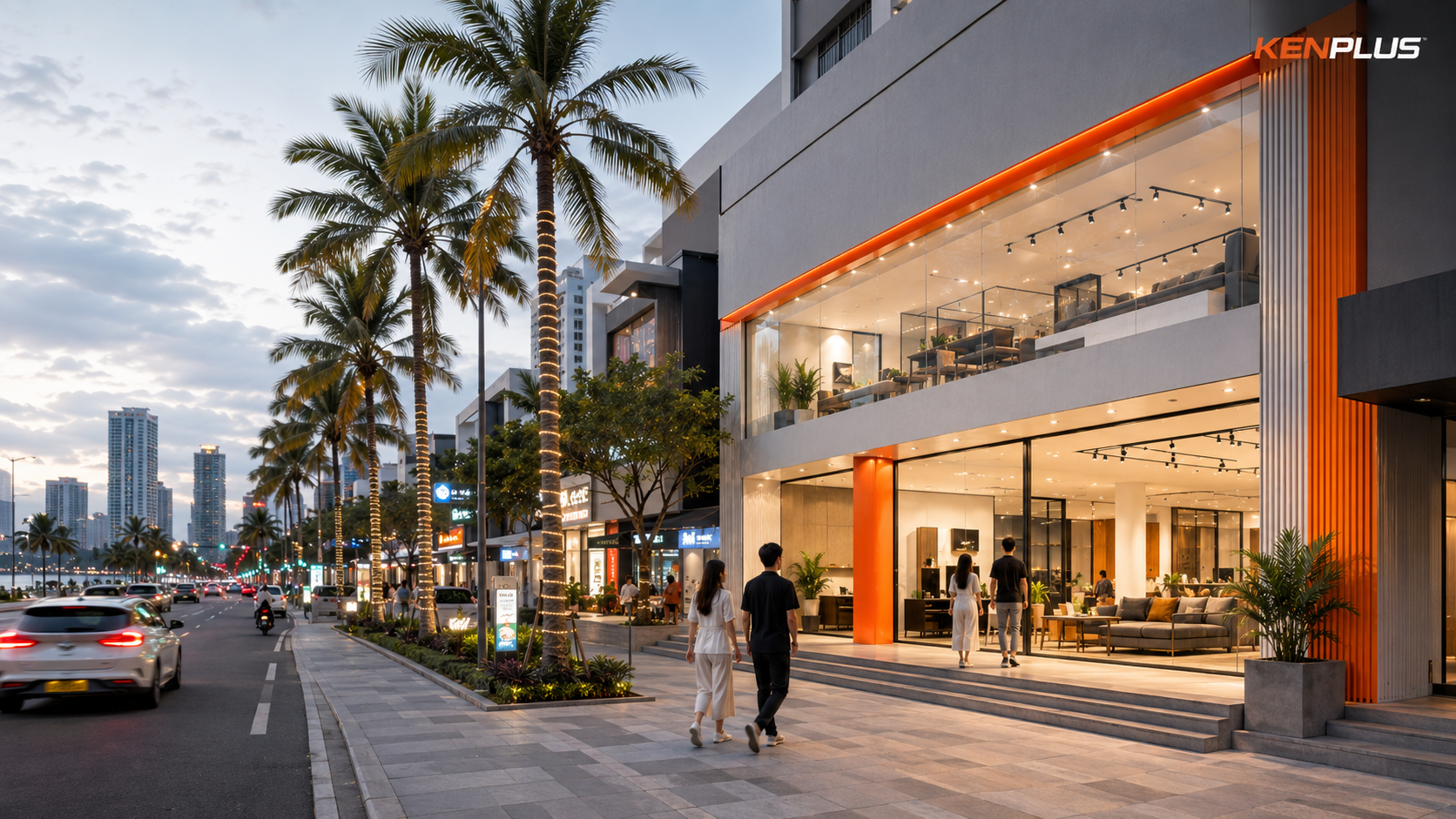 Showroom hiện đại trên tuyến phố ven biển Đà Nẵng, mặt tiền kính lớn và điểm nhấn màu cam KenPlus