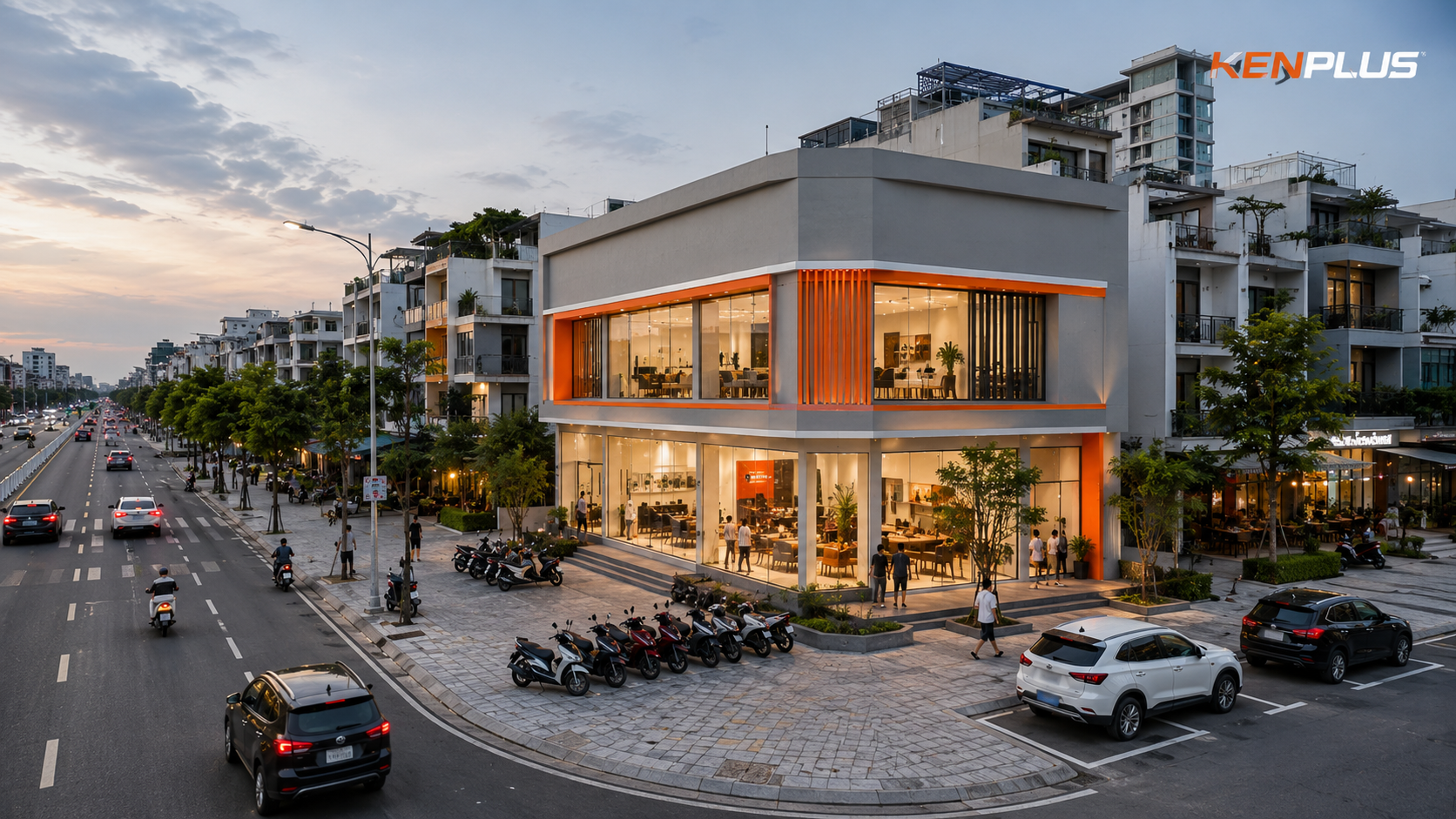 Mặt bằng showroom góc phố tại Đà Nẵng với khu vực đỗ ô tô, xe máy thuận tiện