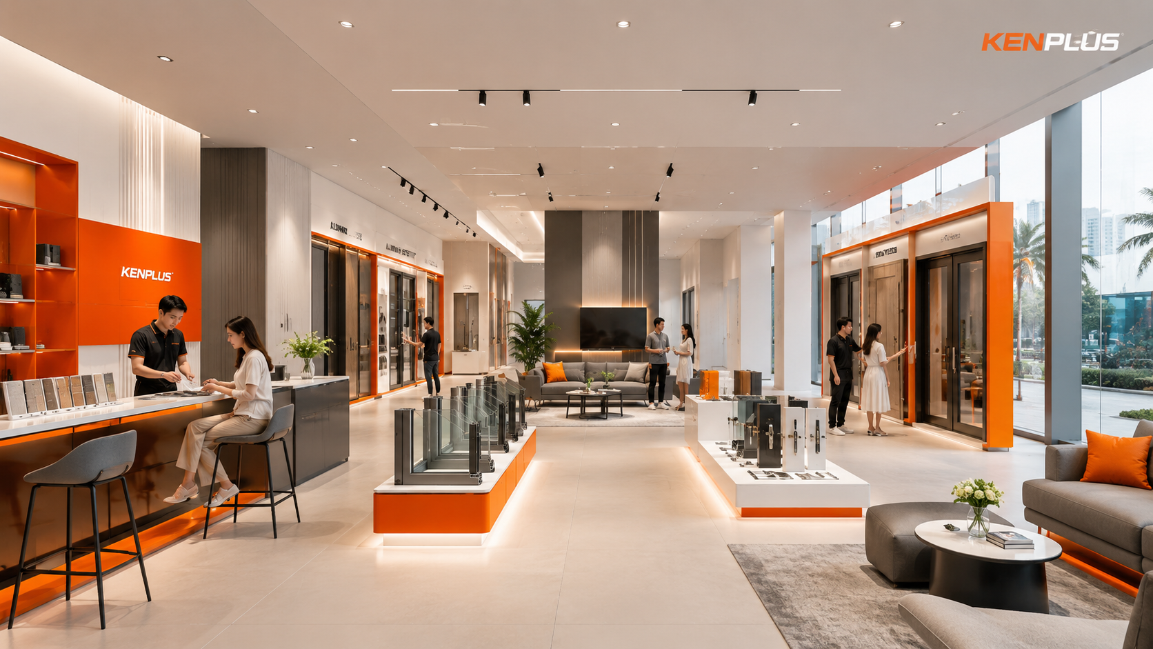 Thiết kế mặt tiền showroom hai tầng với kính cường lực, lam trang trí và hệ đèn nổi bật