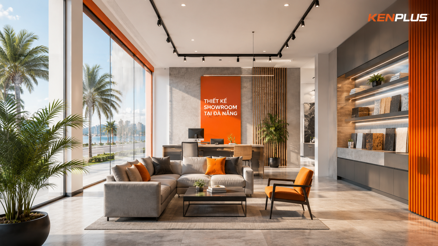 Showroom sử dụng ánh sáng tự nhiên, đèn rọi và vật liệu bền phù hợp khí hậu Đà Nẵng