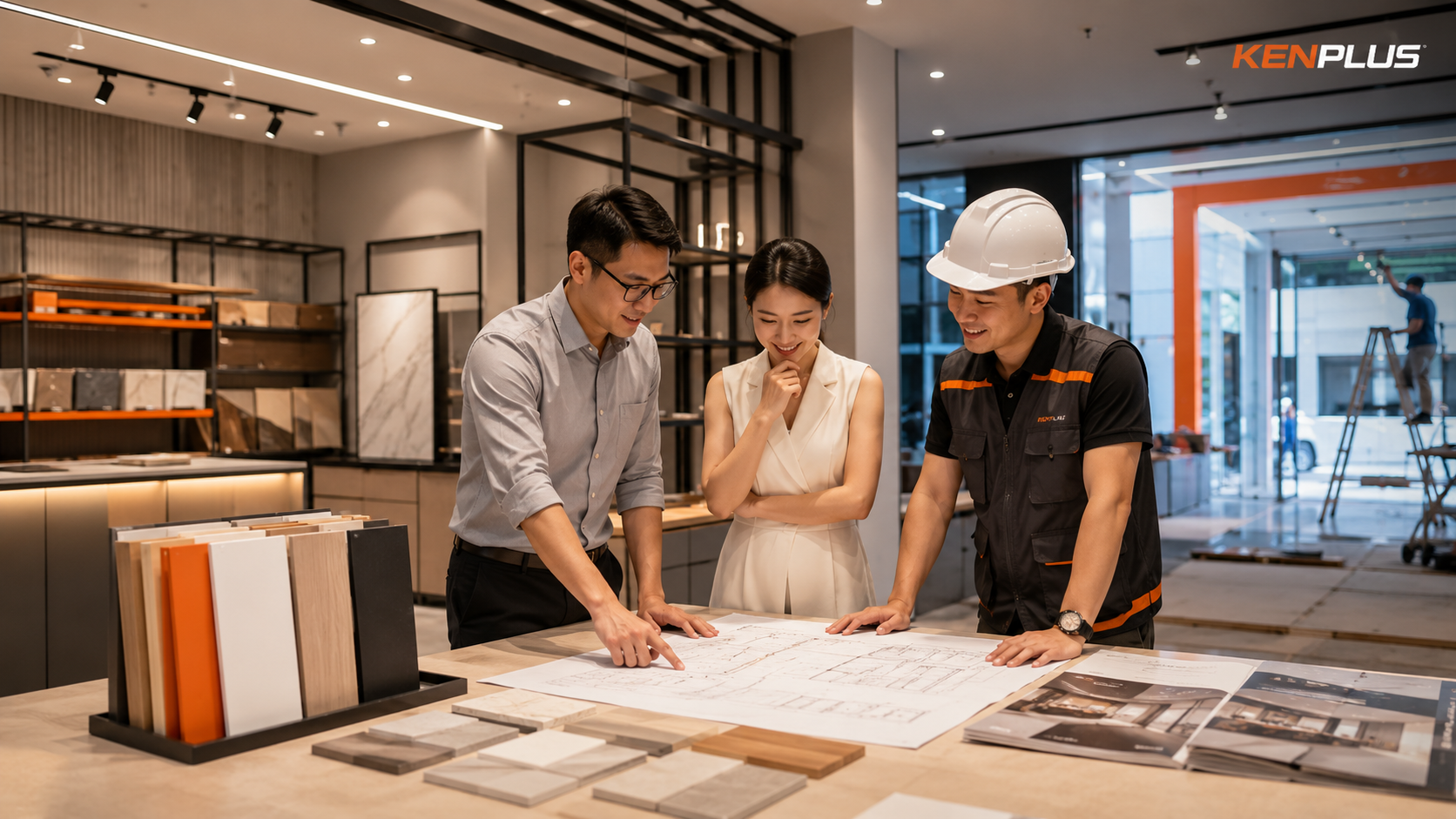 Chủ đầu tư trao đổi bản vẽ, vật liệu và phương án thi công showroom cùng đội ngũ KenPlus