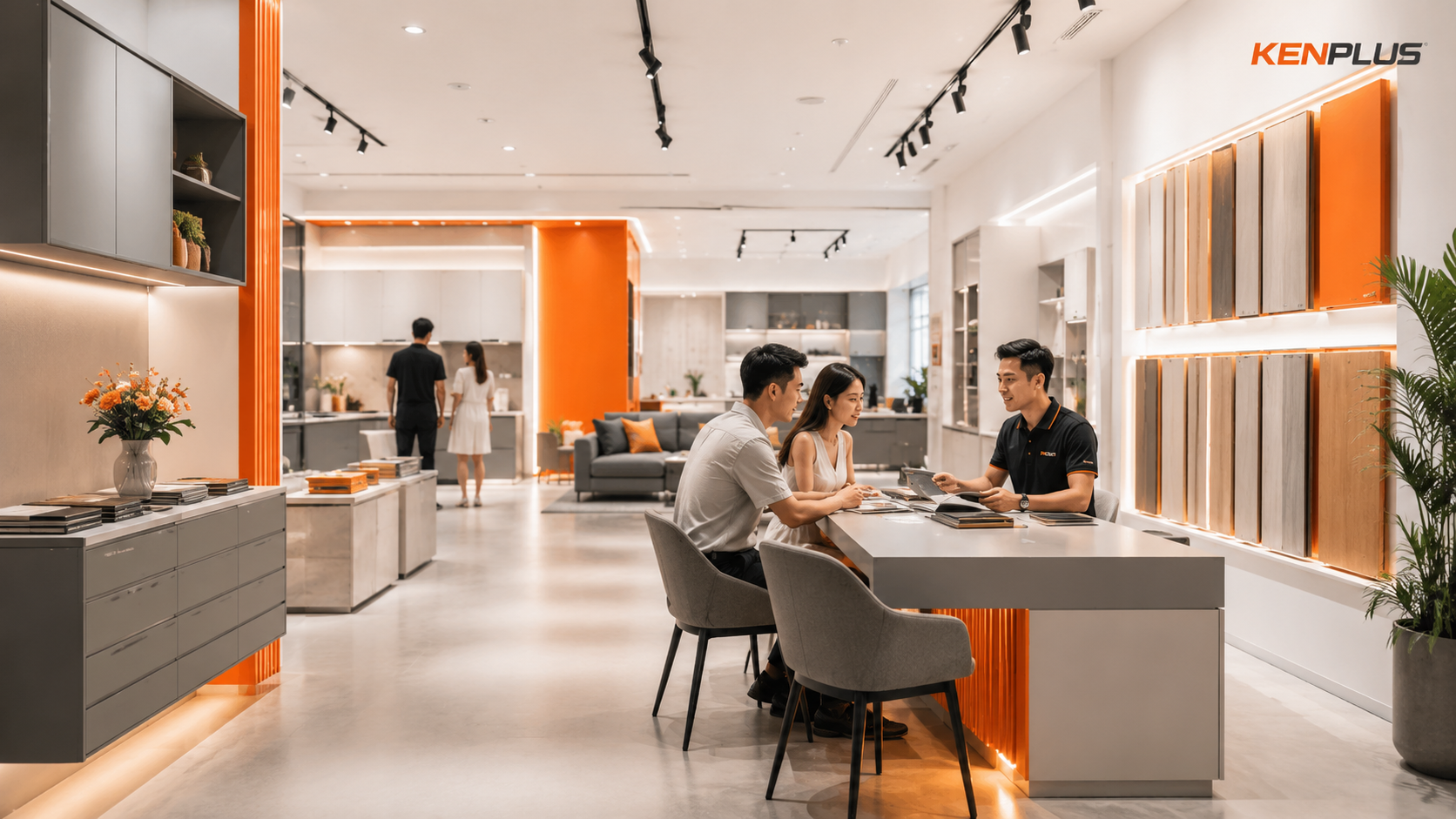 Nhân viên tư vấn khách hàng trong showroom hiện đại với nhận diện thương hiệu KenPlus đồng bộ
