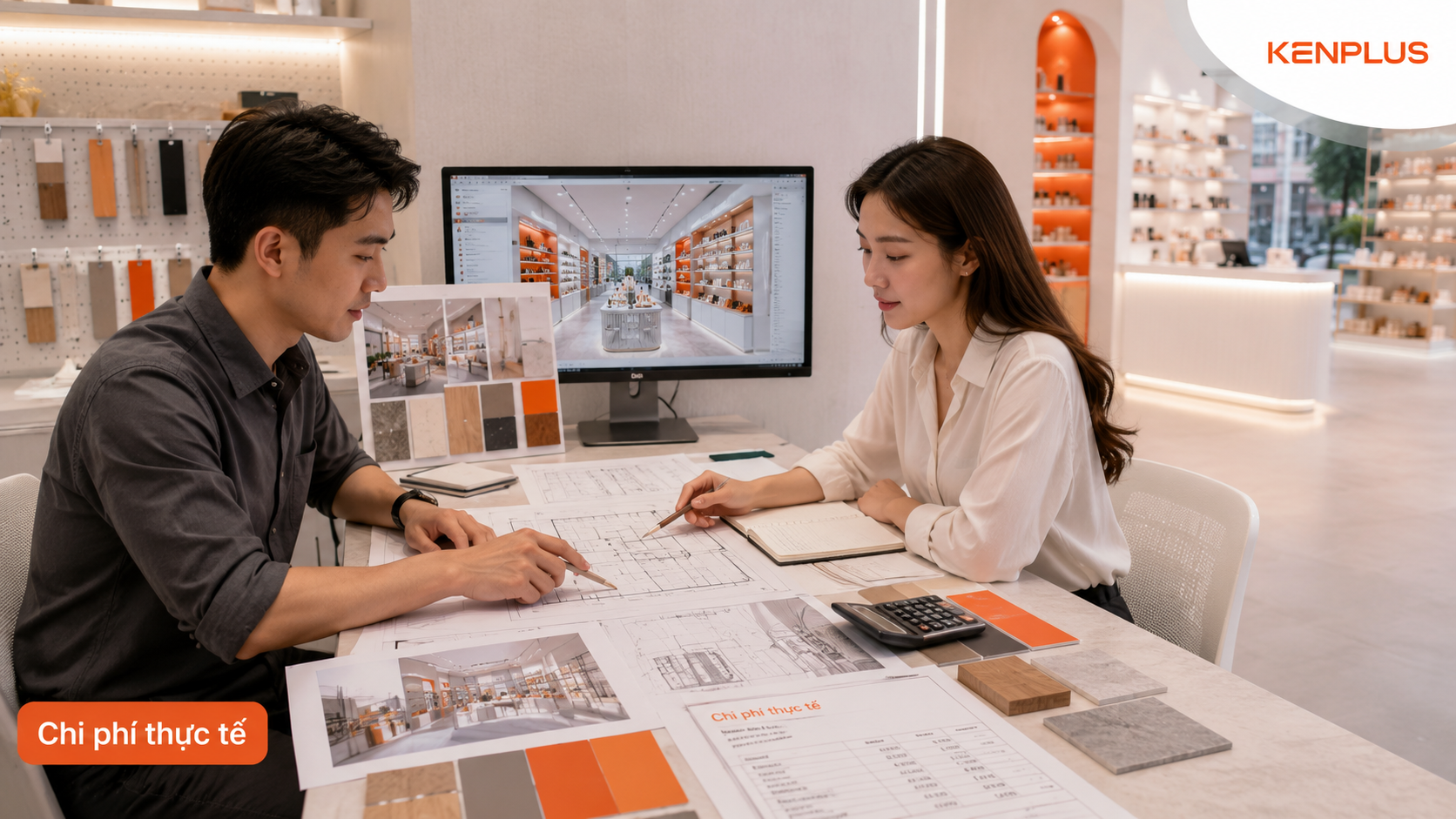 Kiến trúc sư tư vấn bản vẽ, vật liệu và dự toán chi phí thiết kế cửa hàng mỹ phẩm tại TPHCM.