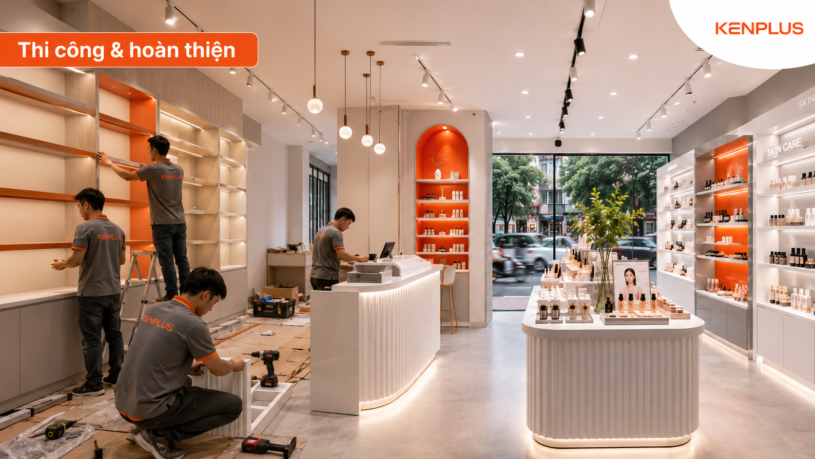Đội ngũ thi công hoàn thiện hệ kệ, quầy trưng bày và nội thất cửa hàng mỹ phẩm theo thiết kế thực tế.
