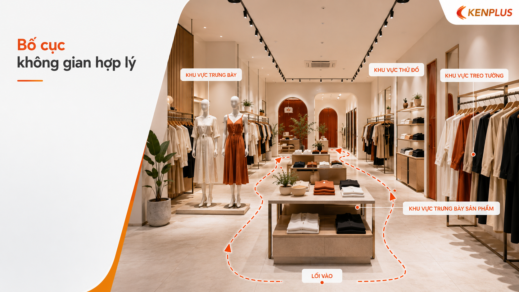 Hệ thống đèn ray và ánh sáng trang trí làm nổi bật sản phẩm thời trang trong shop