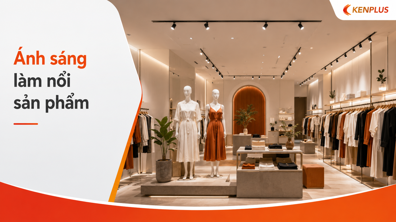 Khu trưng bày sản phẩm thời trang ấn tượng với mannequin và bàn phụ kiện