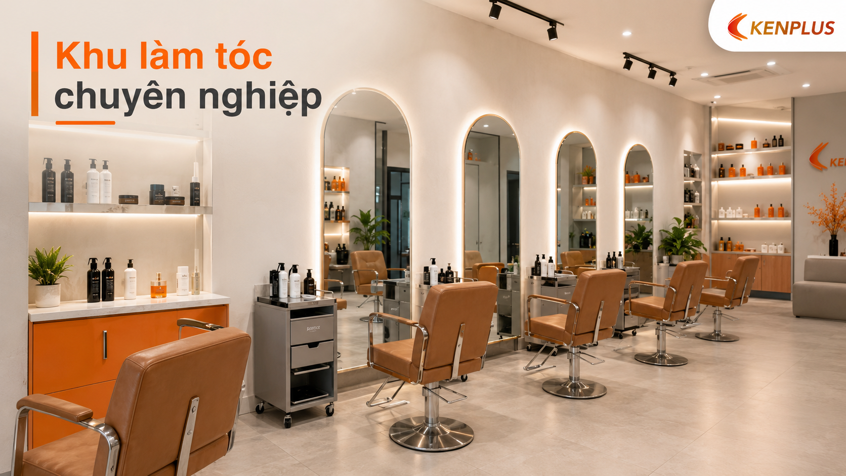 Khu làm tóc chuyên nghiệp với ghế cắt tóc, gương lớn, xe dụng cụ và kệ trưng bày sản phẩm.