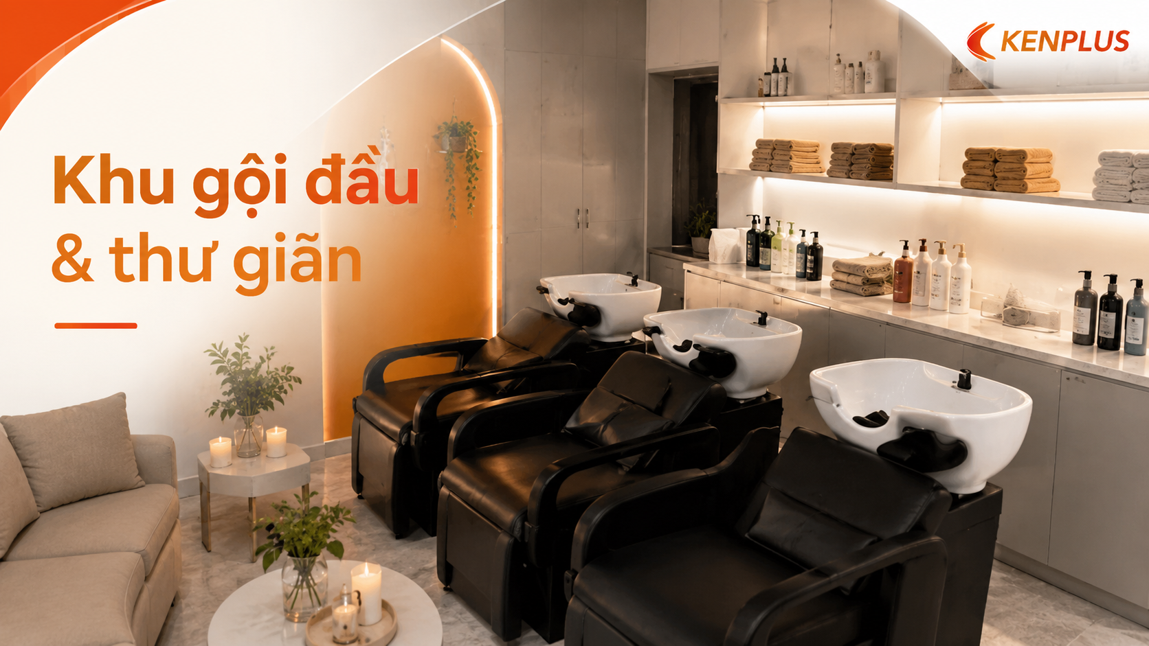 Khu gội đầu thư giãn với ghế nằm, chậu gội, tủ khăn và hệ thống cấp thoát nước được bố trí gọn gàng.
