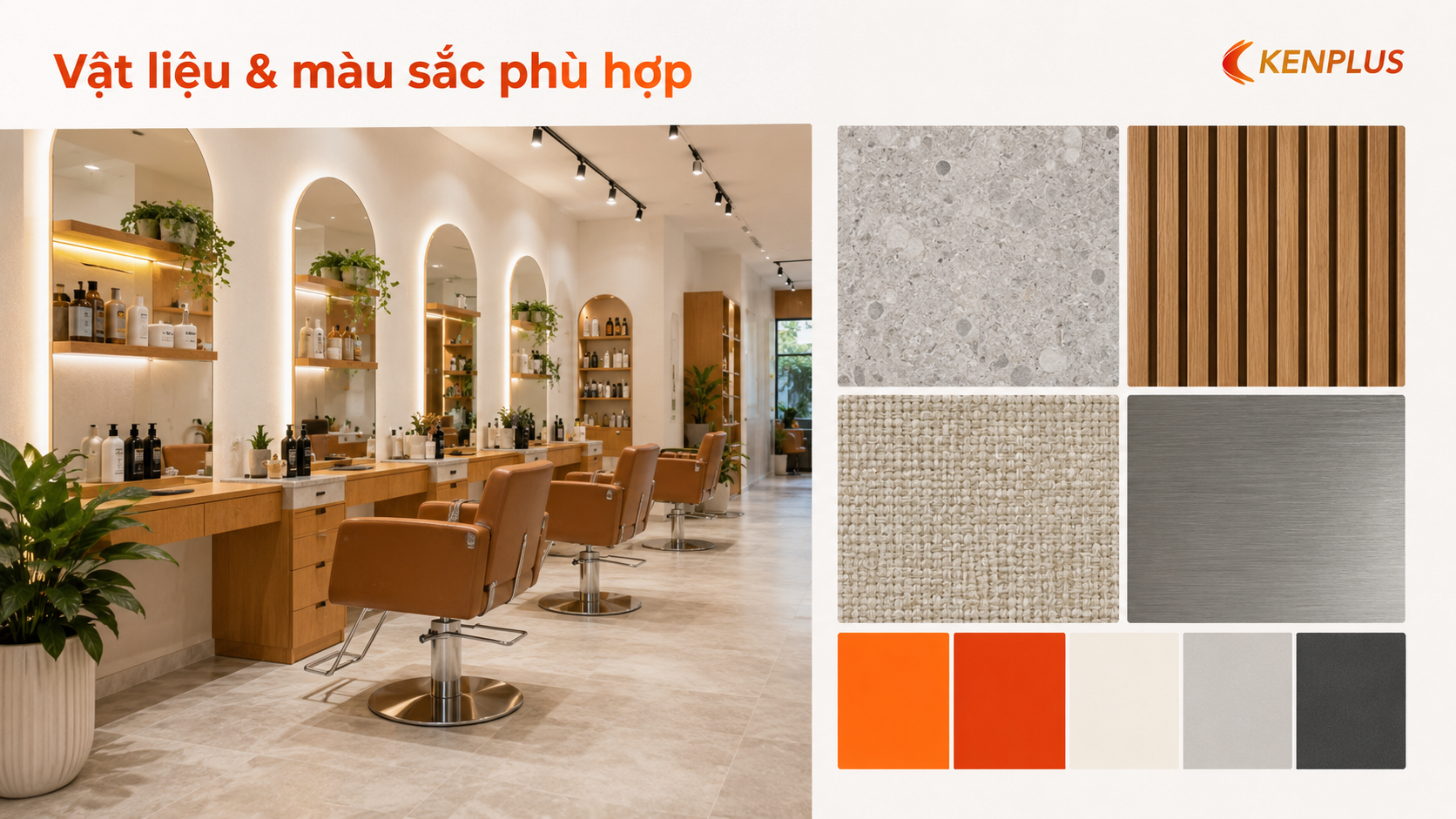 Vật liệu gỗ, đá sáng màu, kim loại và da dễ vệ sinh phù hợp thiết kế spa salon tóc hiện đại.