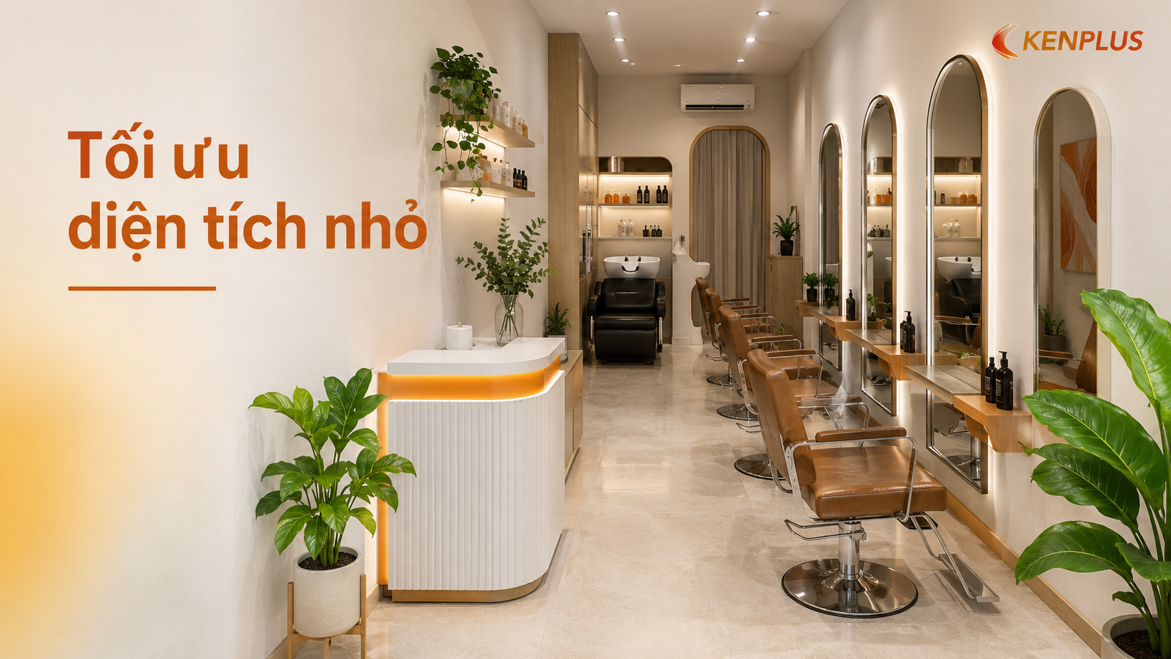 Giải pháp tối ưu diện tích nhỏ cho salon tóc với quầy lễ tân gọn, ghế làm tóc sát tường và lối đi thông thoáng.