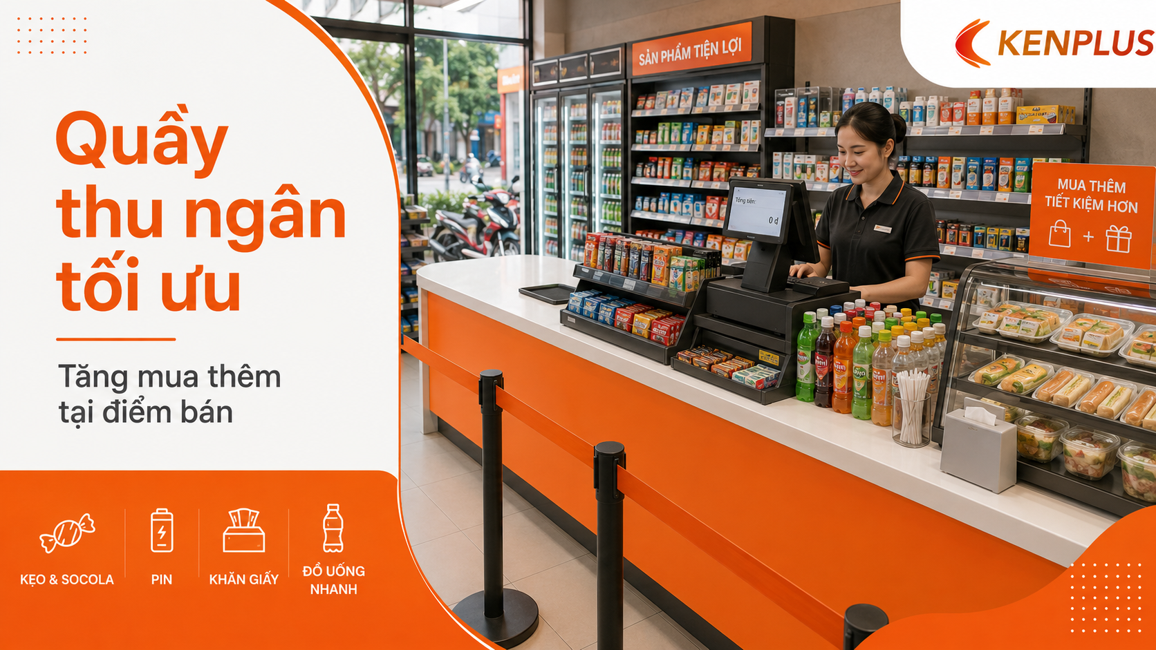 Quầy thu ngân cửa hàng tiện lợi được bố trí gọn gàng, thuận tiện cho thanh toán nhanh và tăng mua thêm tại điểm bán.