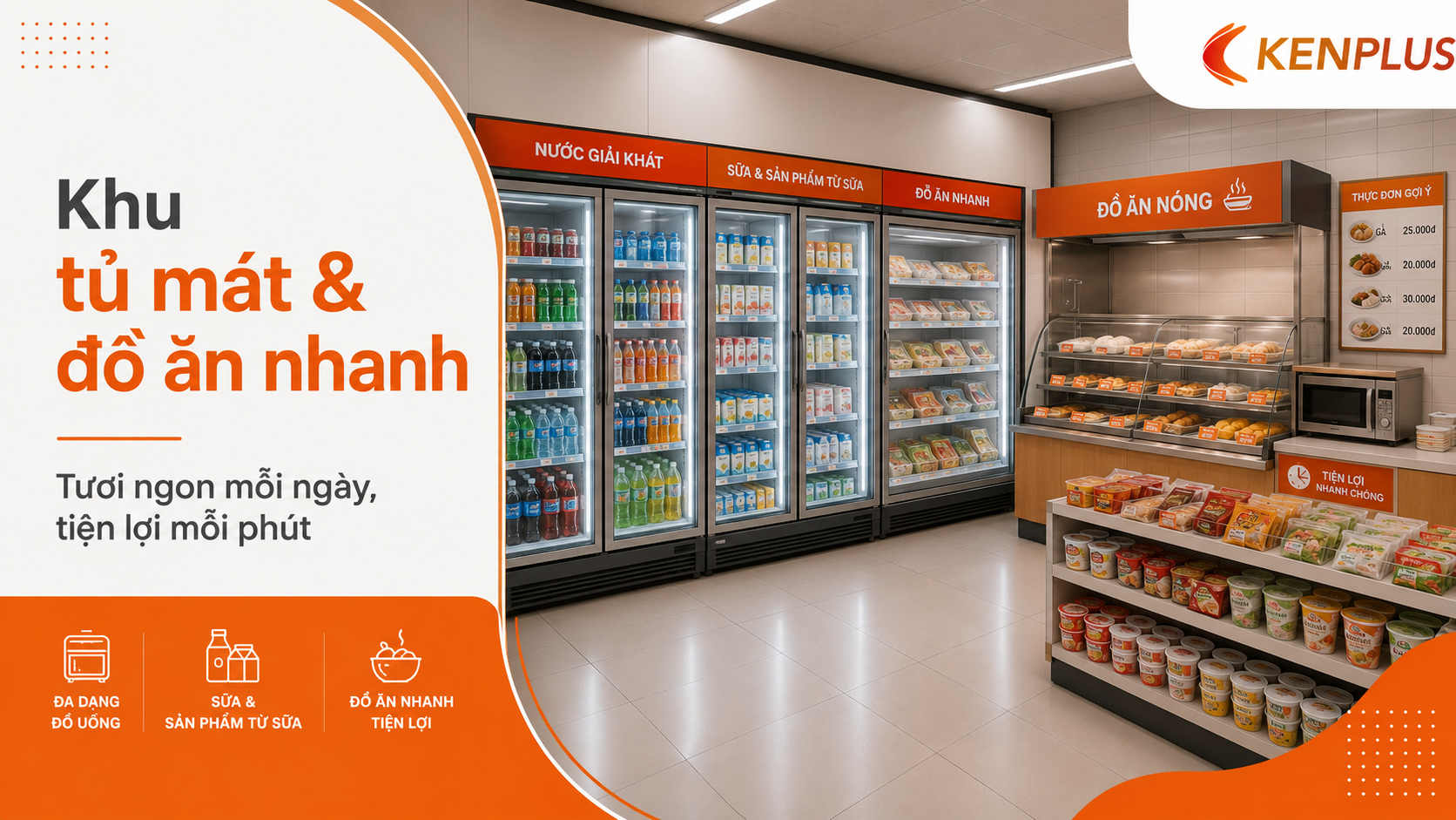 Khu tủ mát và đồ ăn nhanh trong cửa hàng tiện lợi với nước giải khát, sữa, thực phẩm lạnh và quầy đồ ăn nóng tiện lợi.