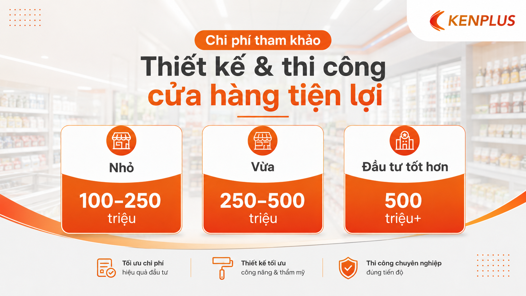 Chi phí tham khảo thiết kế và thi công cửa hàng tiện lợi theo từng quy mô đầu tư từ nhỏ đến lớn.
