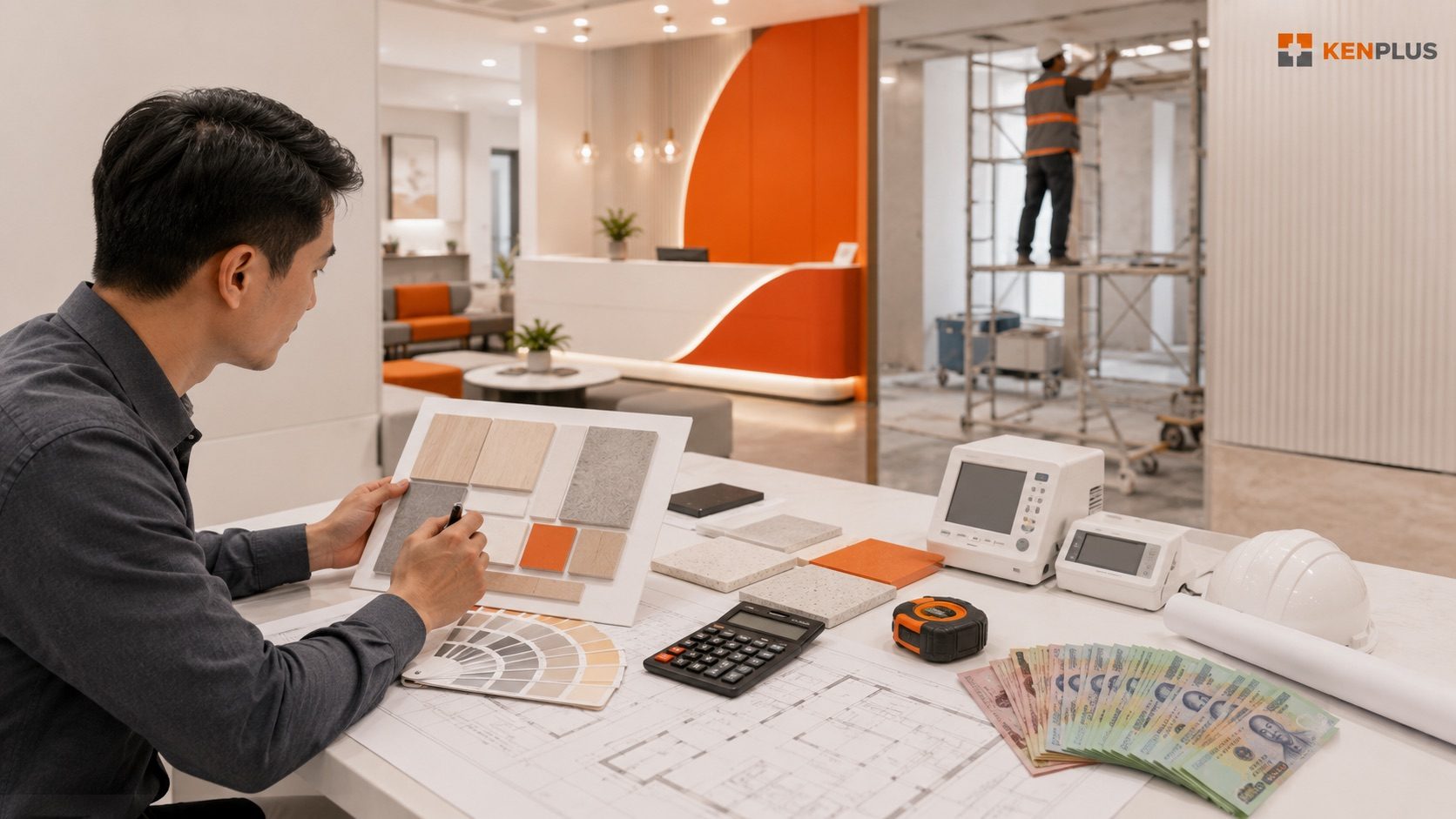 Kiến trúc sư tính toán chi phí thiết kế, vật liệu, thiết bị và thi công phòng khám tại TP.HCM