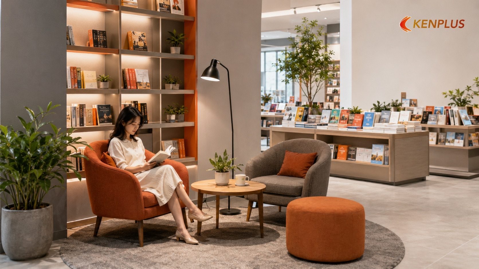 Góc đọc — thiết kế để khách muốn ngồi lại — Thiết kế nhà sách hiện đại: không chỉ bán sách mà còn là không gian đọc