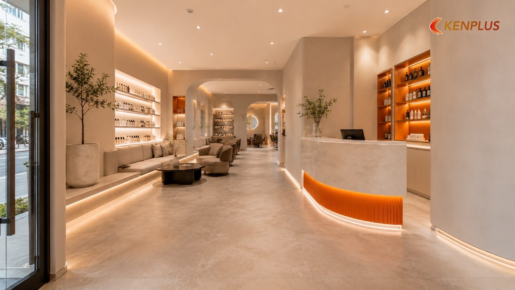 Bố cục khu vực chờ và tiếp đón — Thiết kế spa salon tóc: tạo cảm giác thư giãn ngay từ khi bước vào cửa