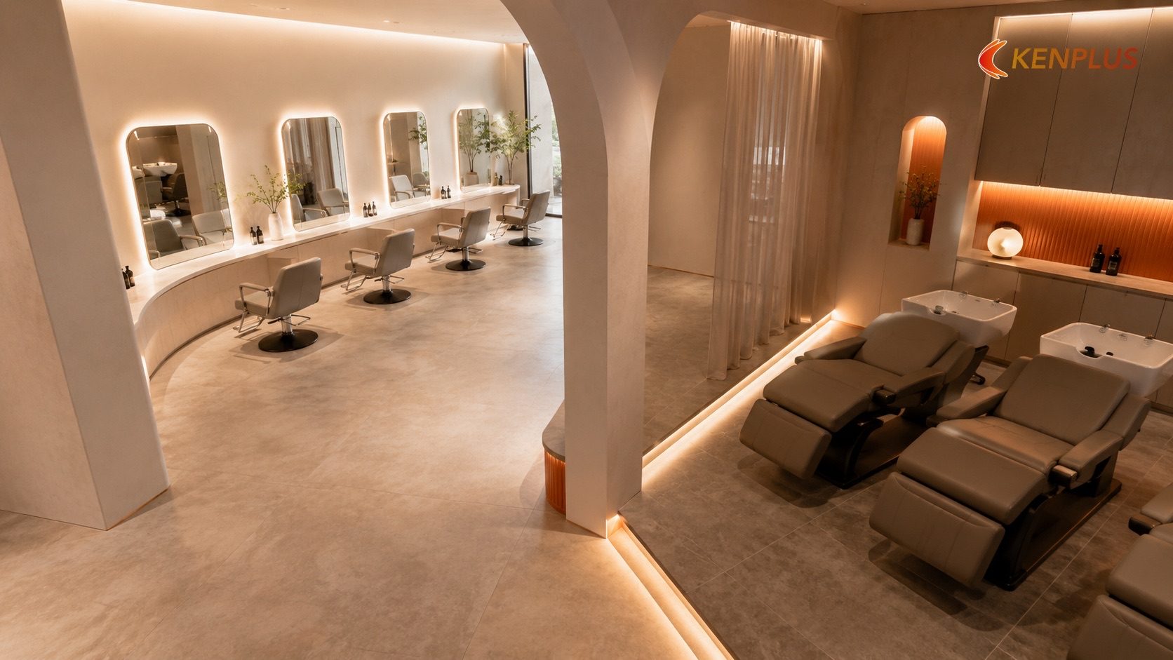 Phân tách khu vực dịch vụ và khu vực thư giãn sâu — Thiết kế spa salon tóc: tạo cảm giác thư giãn ngay từ khi bước vào…