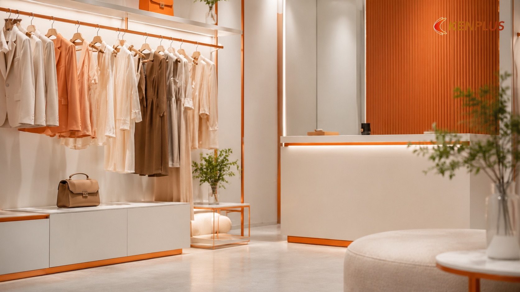 Bảng màu và vật liệu chủ đạo — Thiết kế shop thời trang nữ công sở: phong cách tối giản hút khách văn phòng