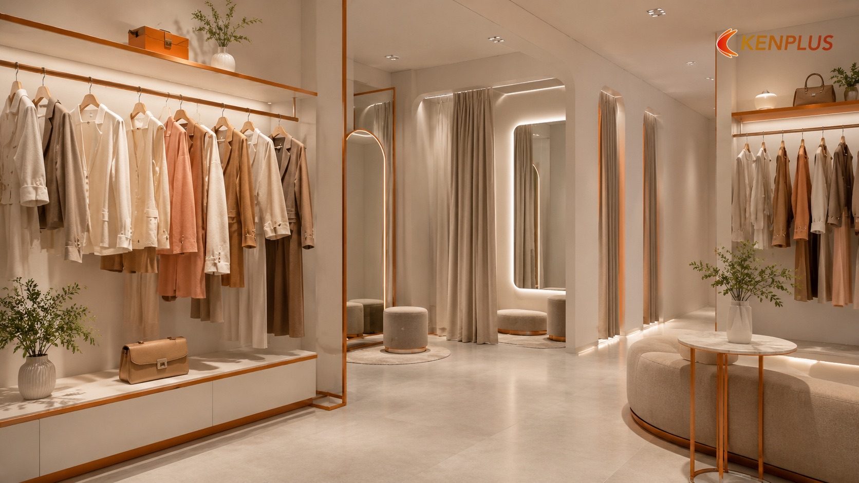 Ánh sáng tôn dáng sản phẩm và không gian thử đồ — Thiết kế shop thời trang nữ công sở: phong cách tối giản hút khách…