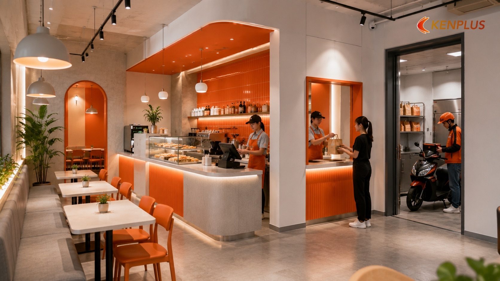 Xu hướng 4: Thiết kế không gian đa công năng — ăn tại chỗ, mang đi và giao… Xu hướng 4: Thiết kế không gian đa công năng — ăn tại chỗ, mang đi và giao hàng trong cùng một mặt bằng — Xu hướng bán…