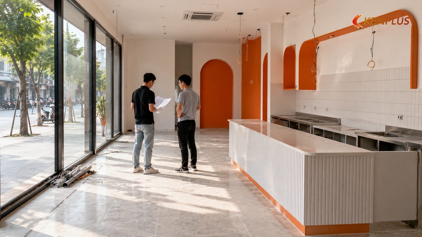 Bước 1: Khảo sát mặt bằng và lên phương án trước khi thi công Bước 1: Khảo sát mặt bằng và lên phương án trước khi thi công — Quy trình thi công quán trà sữa tại Ninh Bình: từ mặt…